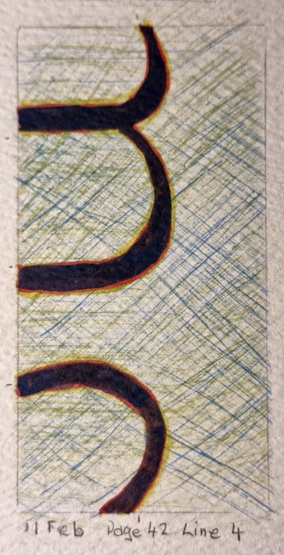 Watercolour on paper, 2 by 1 proportion, portrait. A painting of parts of the letters 