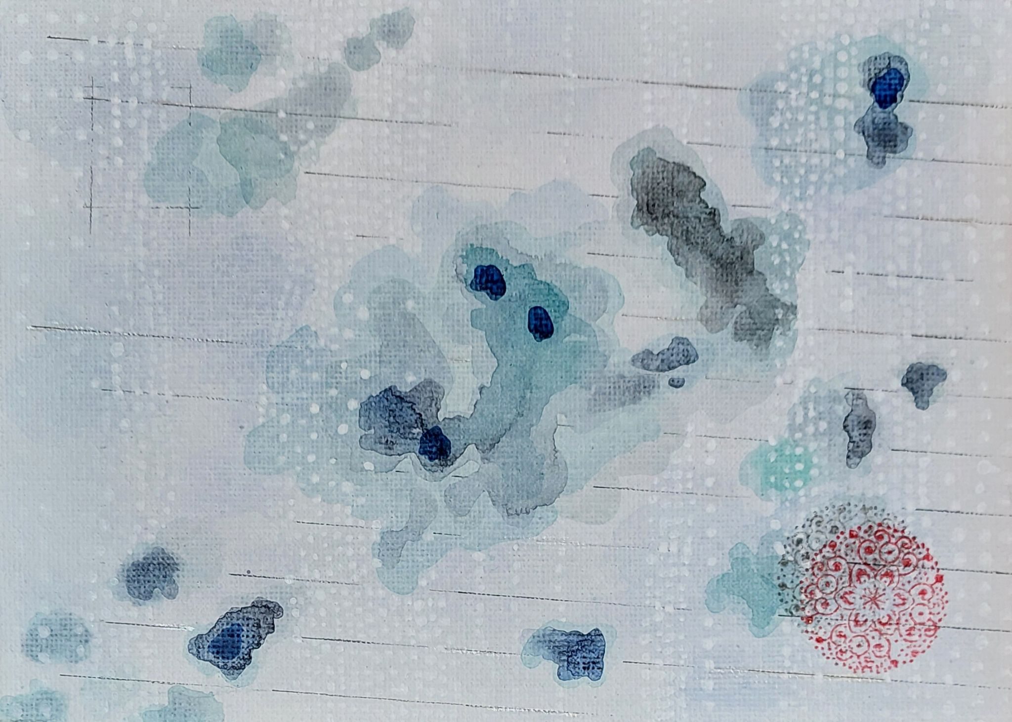 A sanctuary drifts through a high-altitude grid, exploring the 'Ukiyo' or floating world. A red seal anchors the composition, while a radical white veil and sharp 'sparks' establish a clear focal threshold against the receding misty layers.