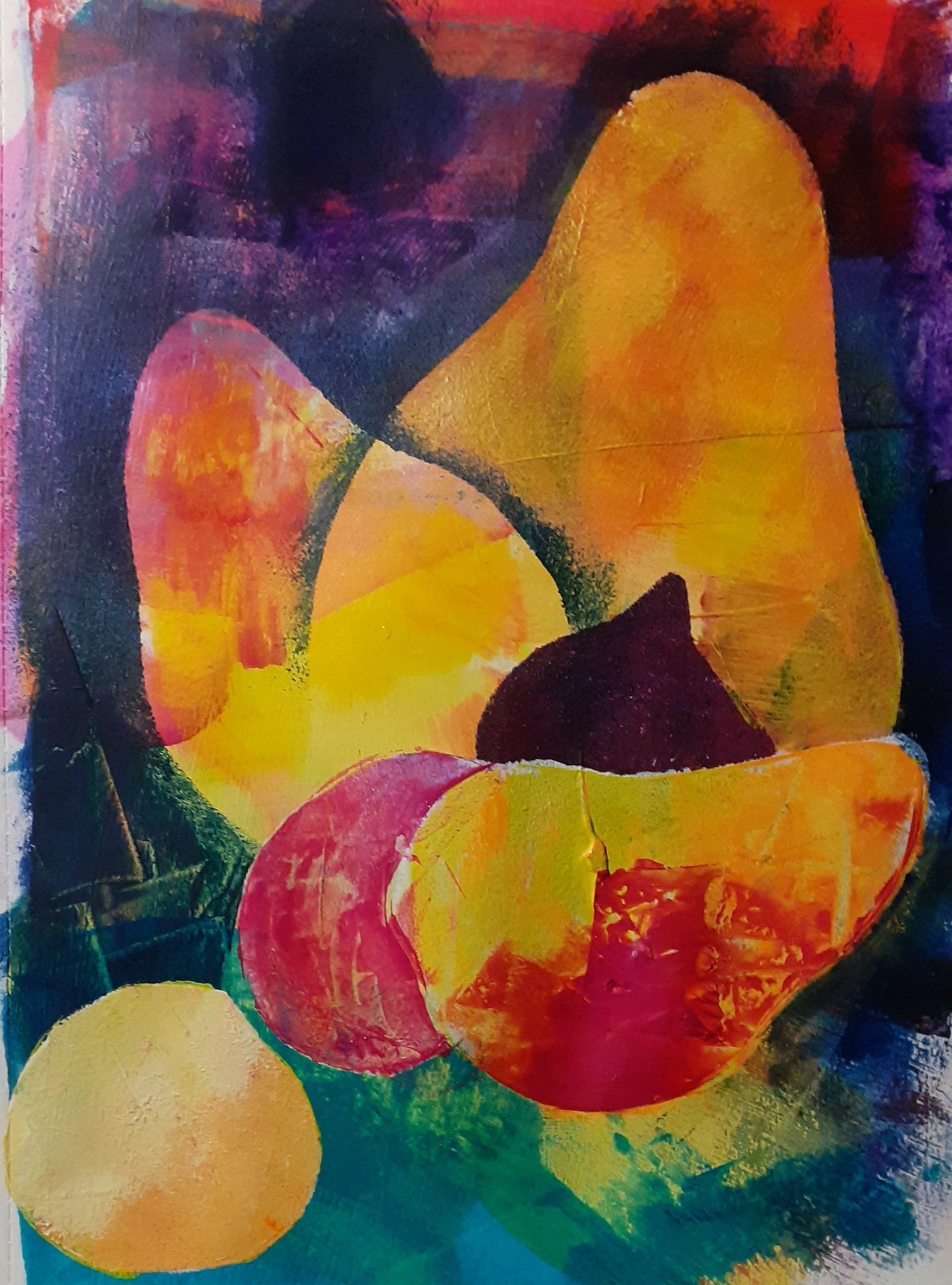 Acrylic abstract with shapes of different fruit overlapping each other.