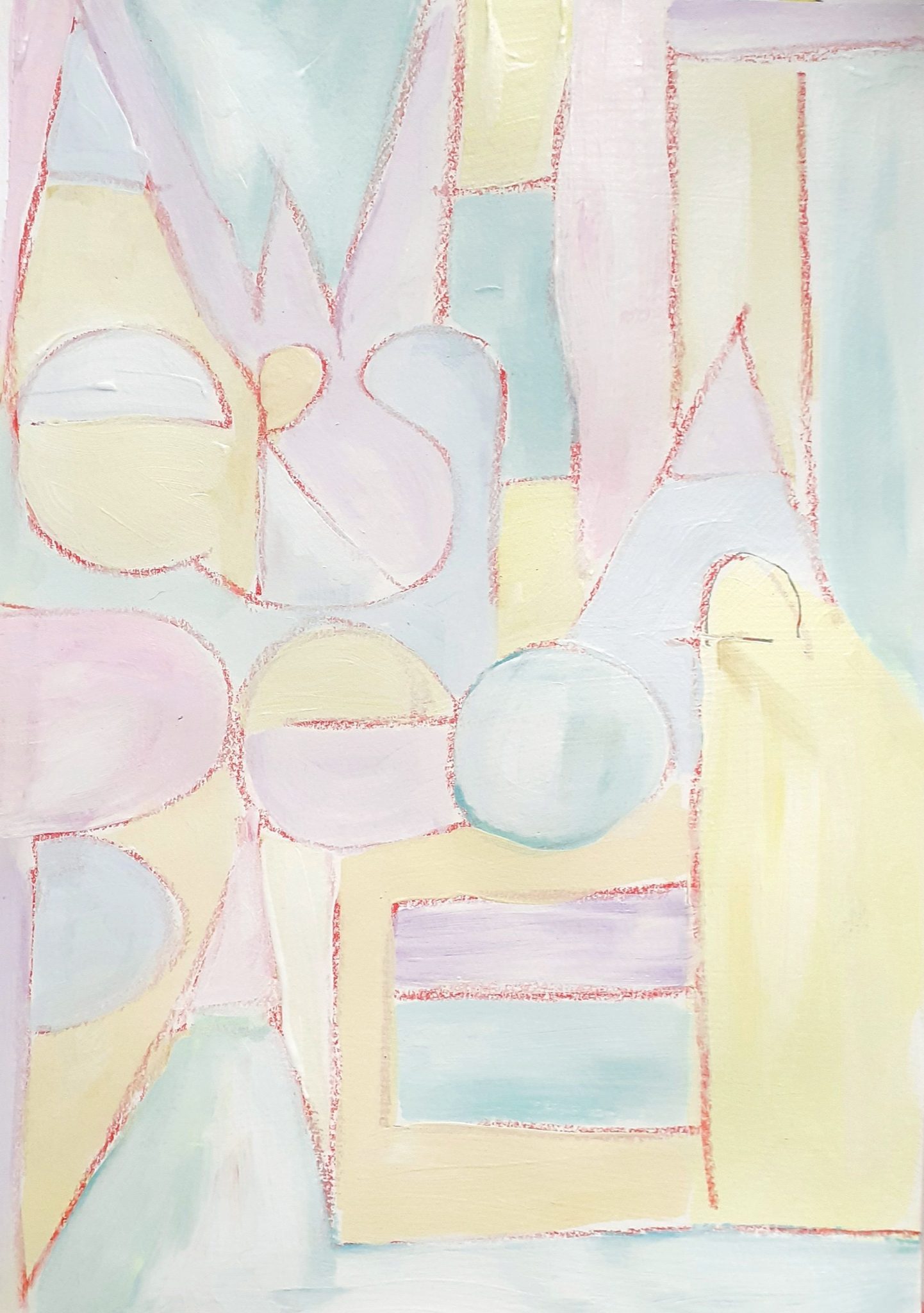An abstract painting in pale colours and the words 'A whiter shade of pale'.