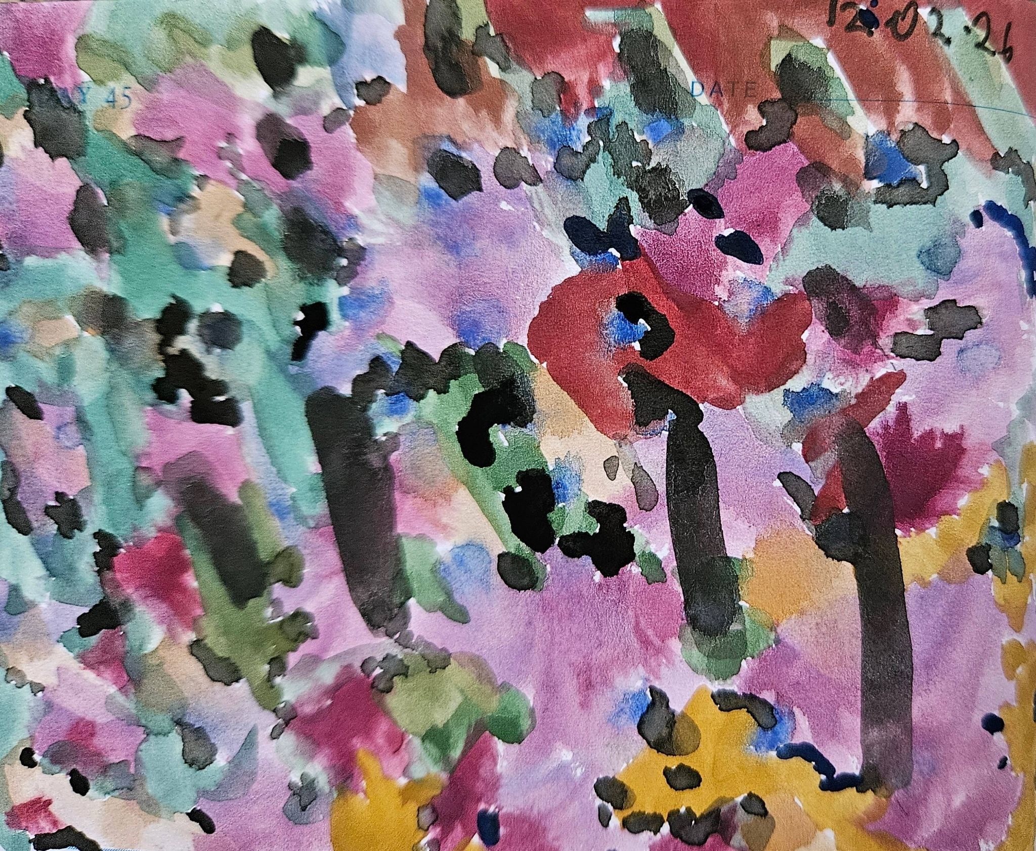 Watercolour of random coloured paint representing the sound of Beethoven's 5th in the artists artist's head .