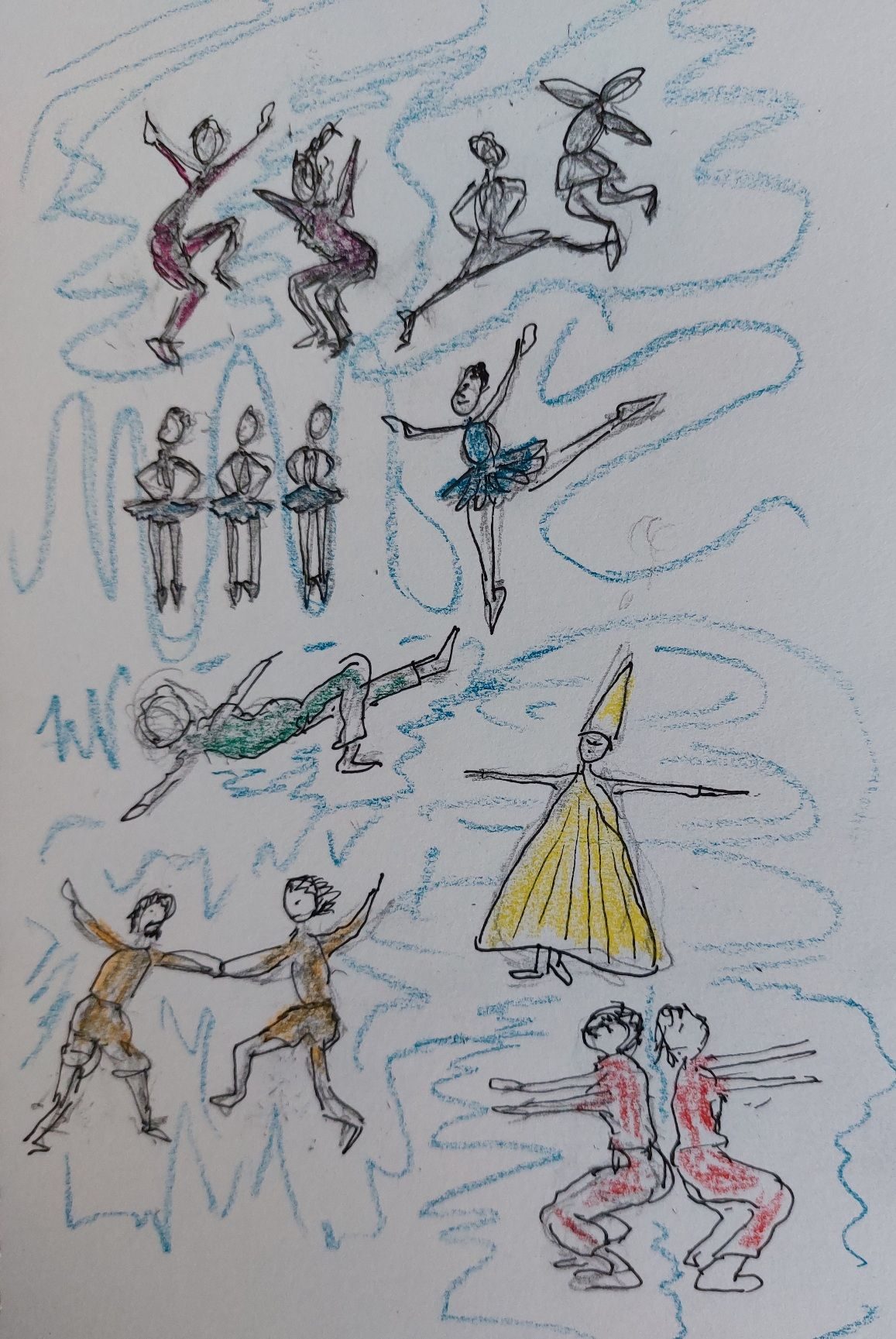Pencil and ink dancing figures