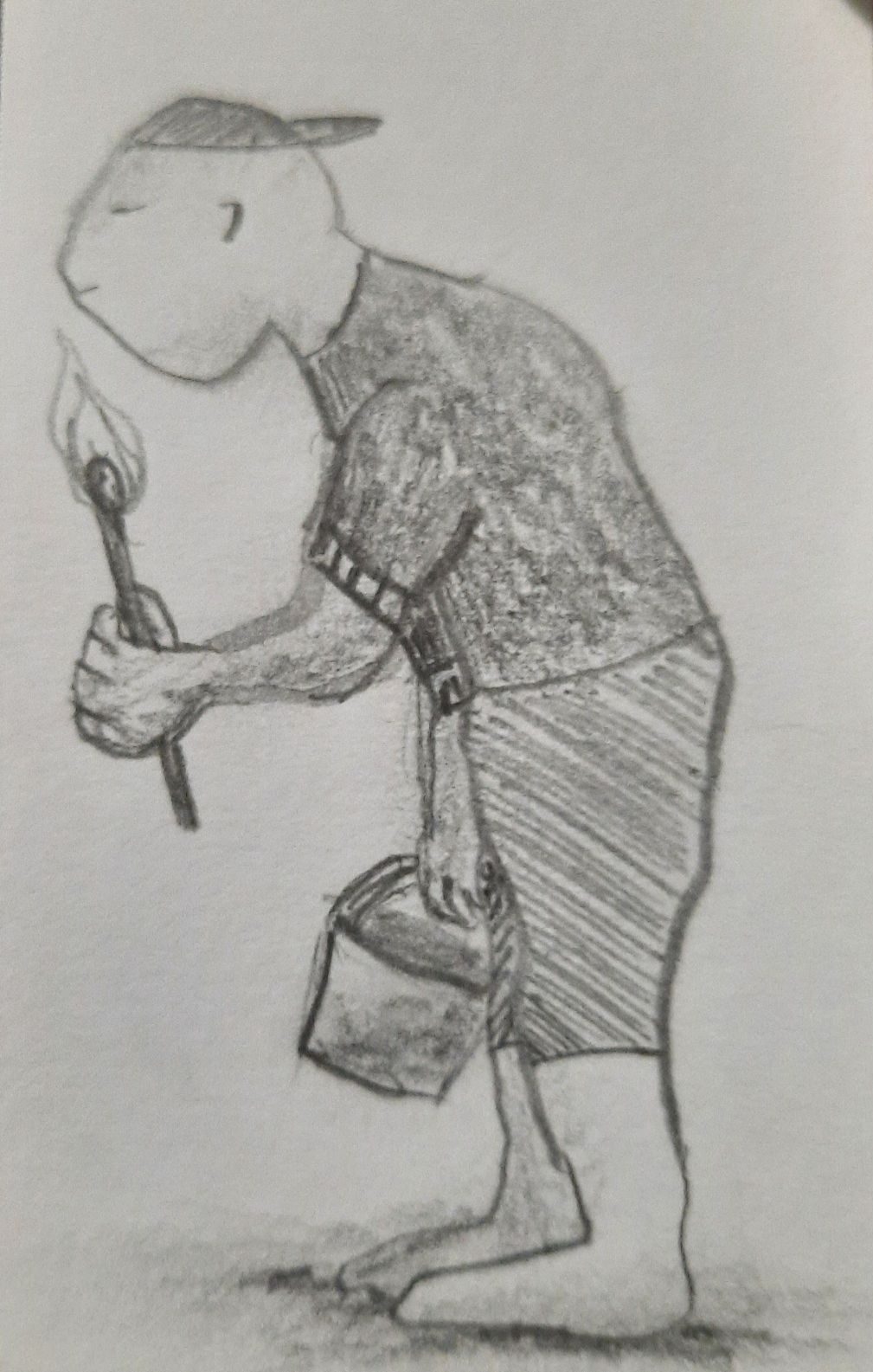 Pencil drawing of a man holding a very large lit match in one hand and a small bucket in the other.