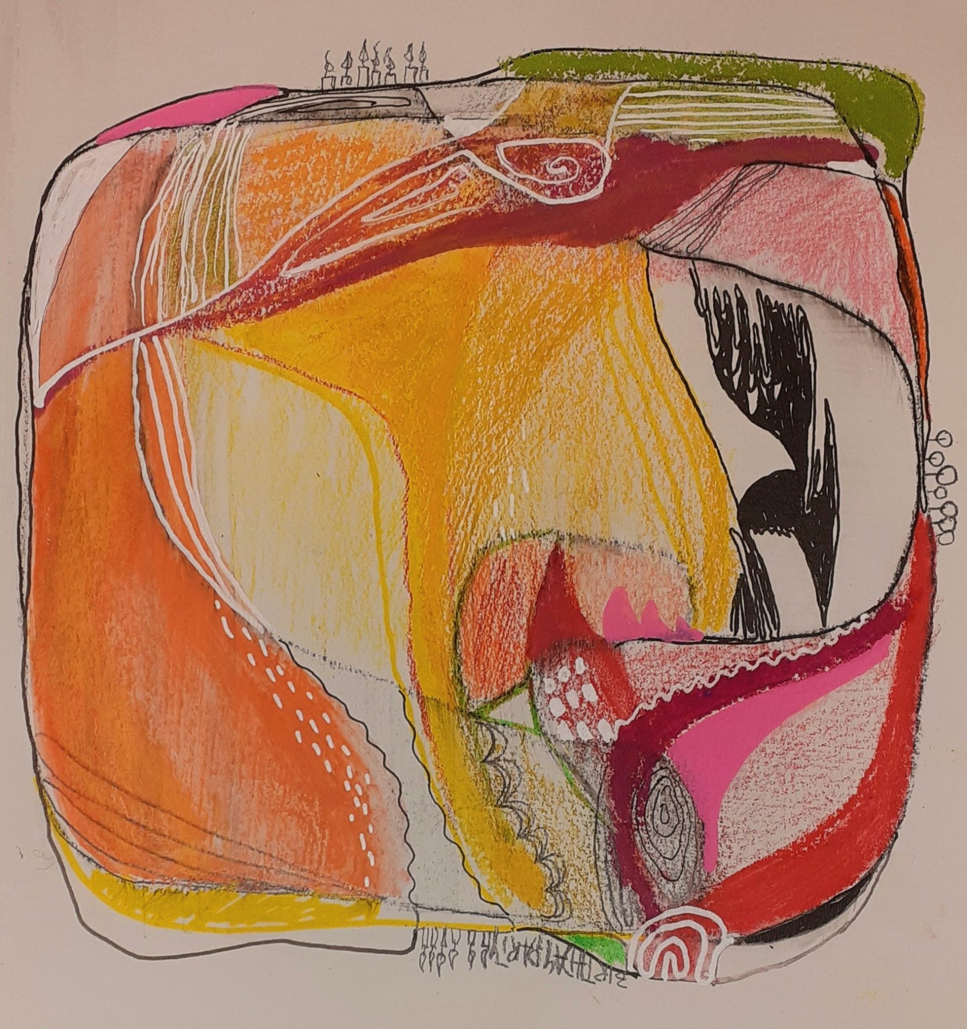 An abstract mixed media drawing in warm tones.