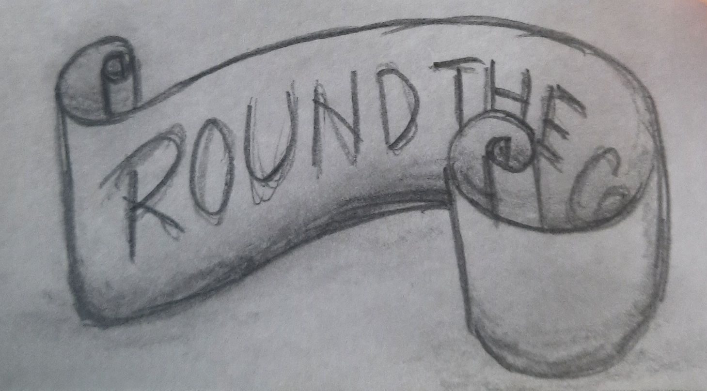 Pencil drawing of a small length of curled paper with the writing of, 'Round the corner' on it, but only just a hint of the word corner can be seen as the paper then curls around to hide it.