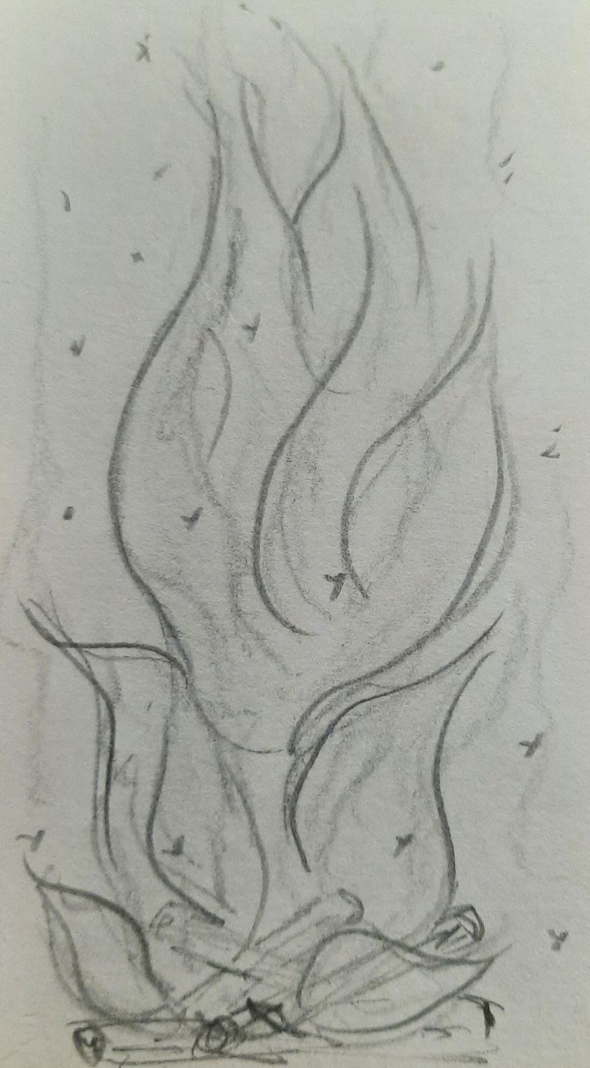 Pencil drawing of a camp-fire, tall flames and sparks cover the wood.