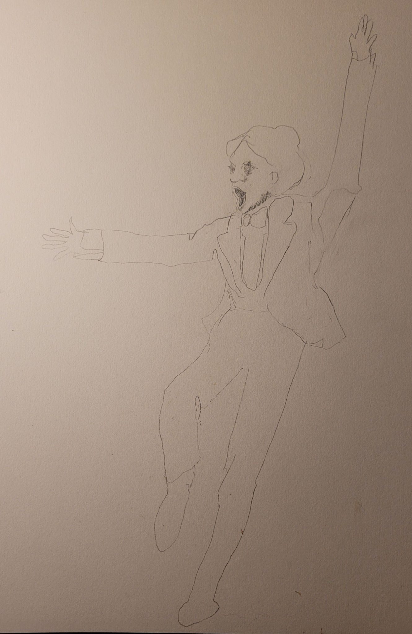 Pencil drawing of woman in a torn mams suit dancing.
