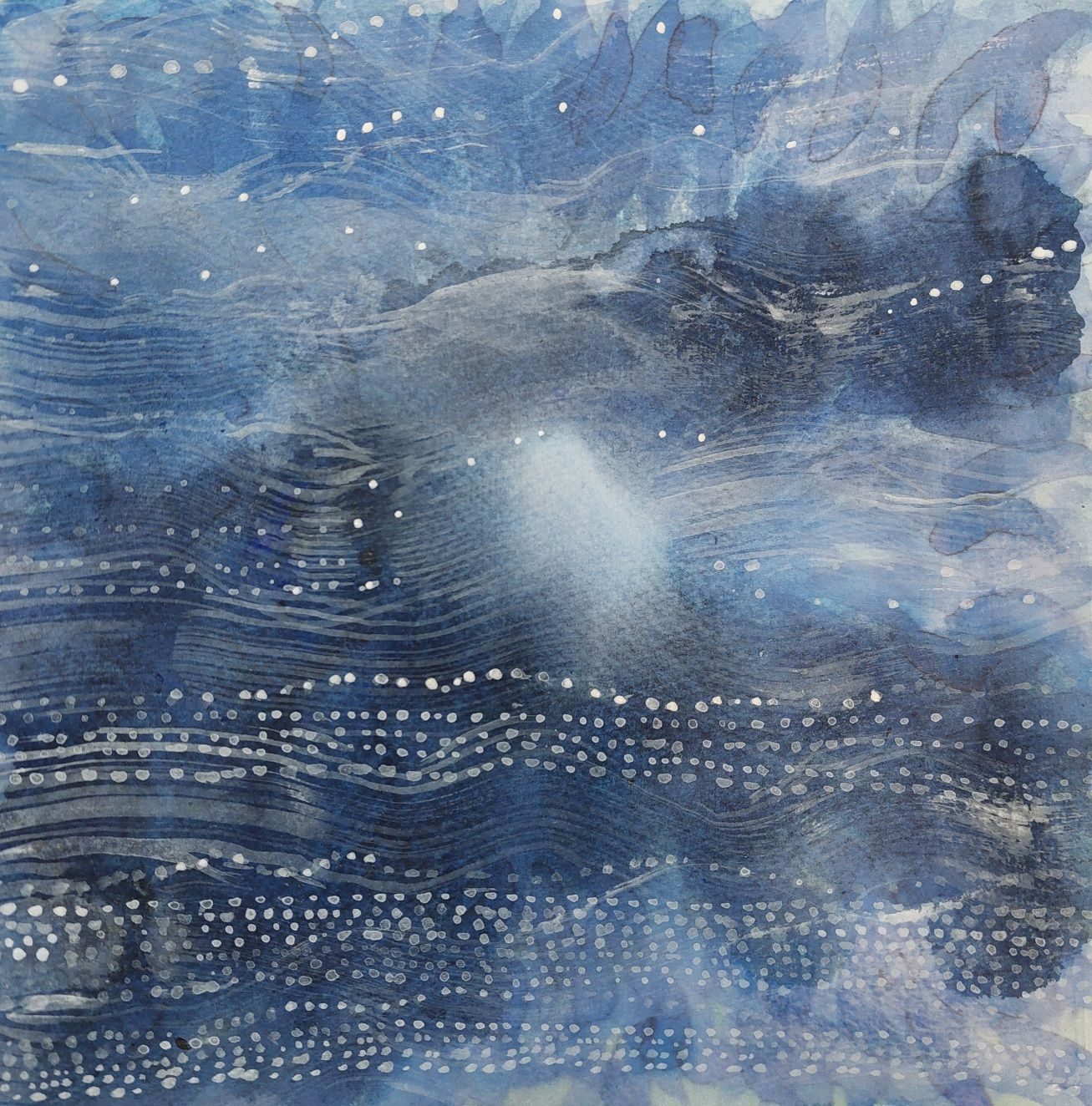 This work reclaims a discarded base layer by employing a delicate balance between the weight of dark indigo and the levity of white surface marks. These layers draw the eye to a central glow, which acts as the soul of the piece