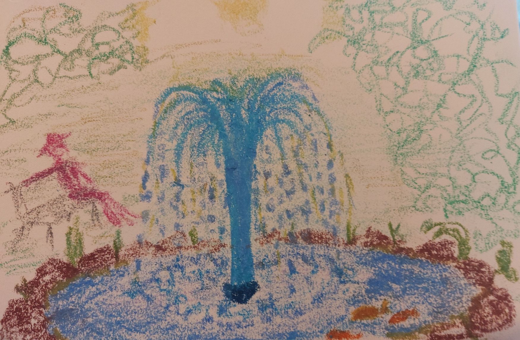 Oil pastel drawing of fountain in a pond