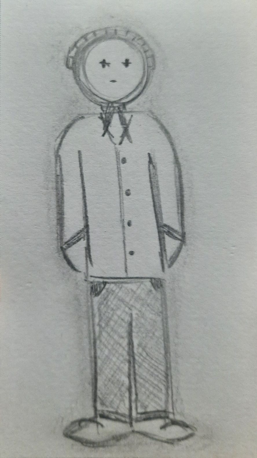 Pencil drawing of an individual, standing, arms straight at sides.