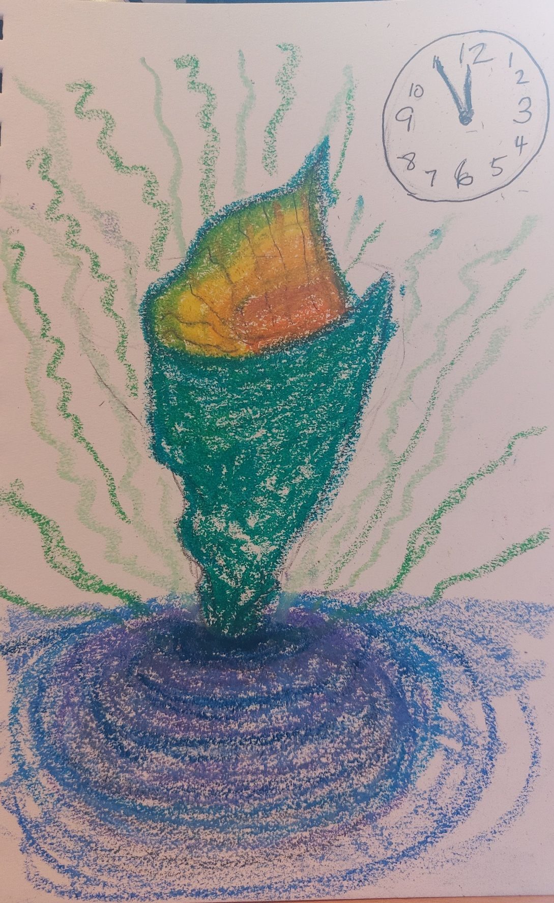 Oil pastel notion of artwork disappearing into a hole