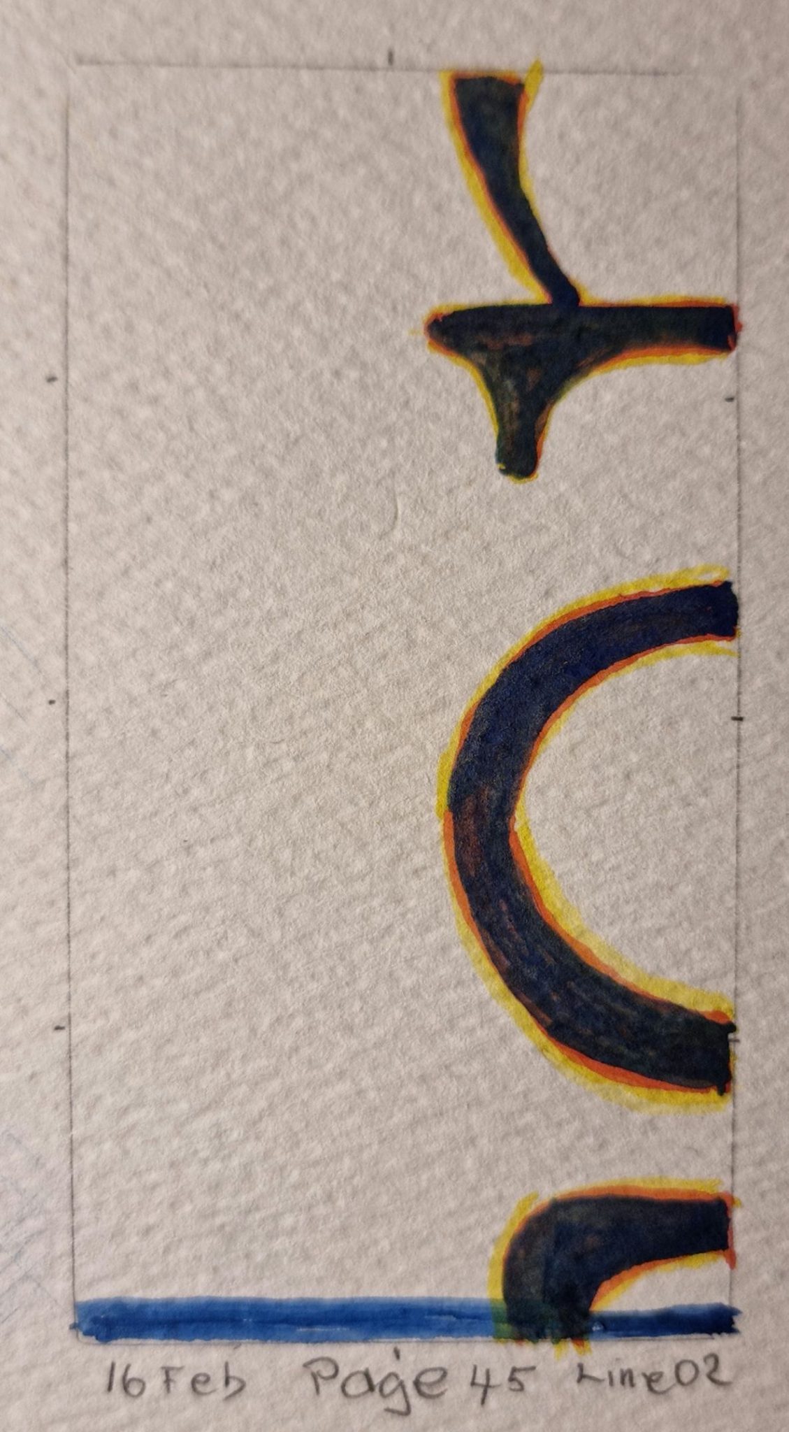 Watercolour on paper, 2 by 1 proportion, portrait. A painting of parts of the letters 