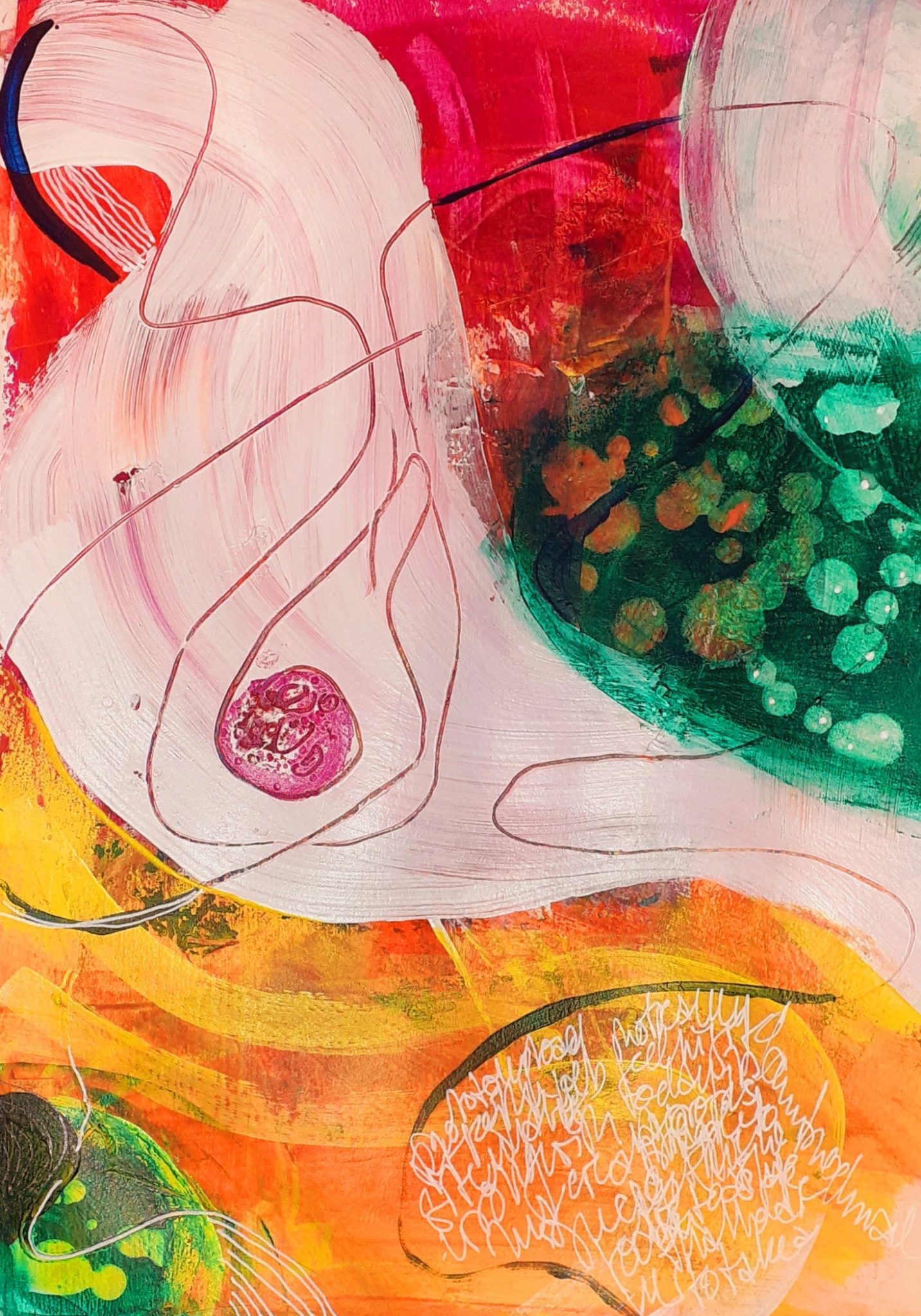 An abstract mixed media painting in shades of magenta, green and orange with white