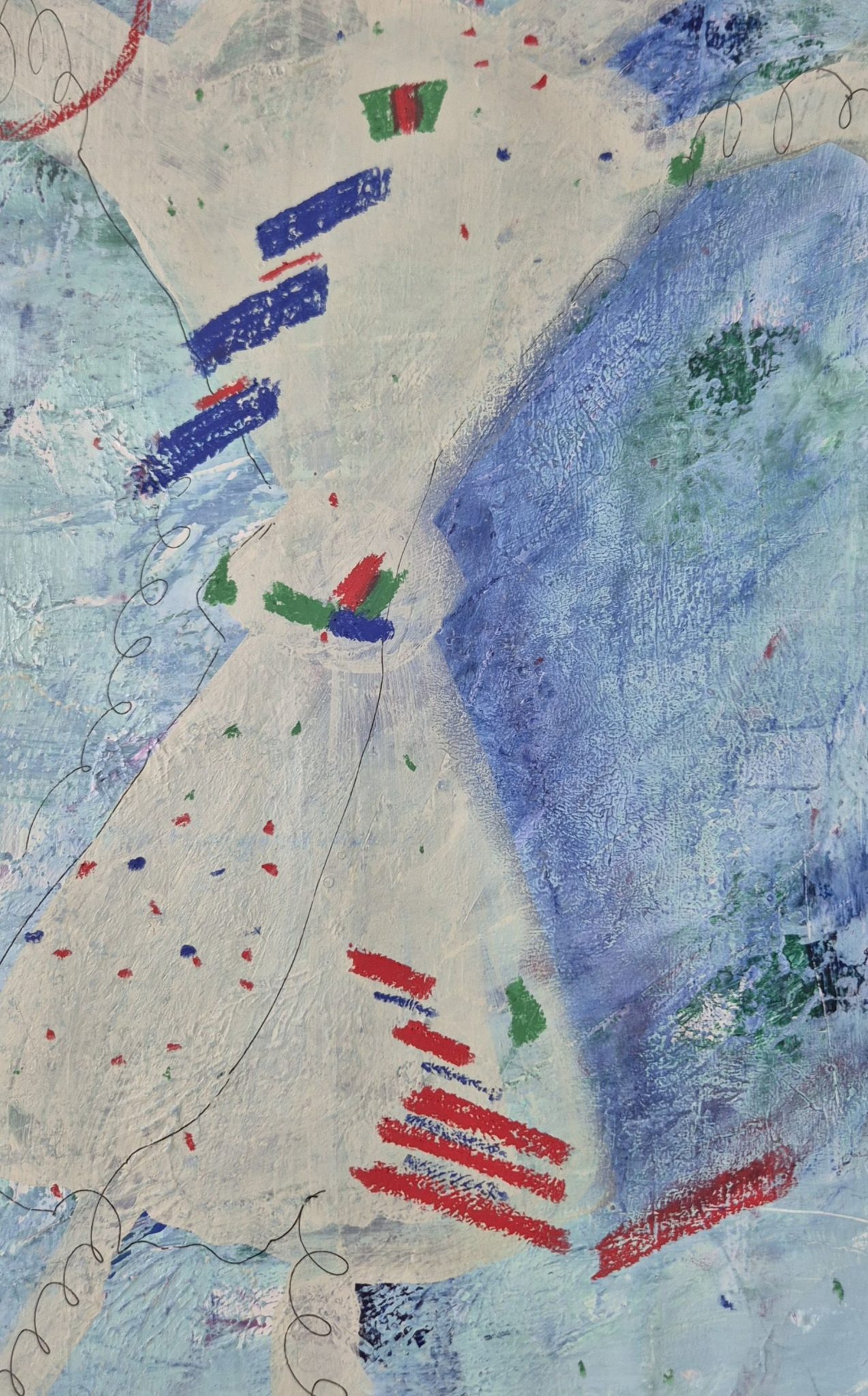 A white figure spins through a tide of blue, caught between motion and dissolution, as if carried by an unseen current of memory and air.