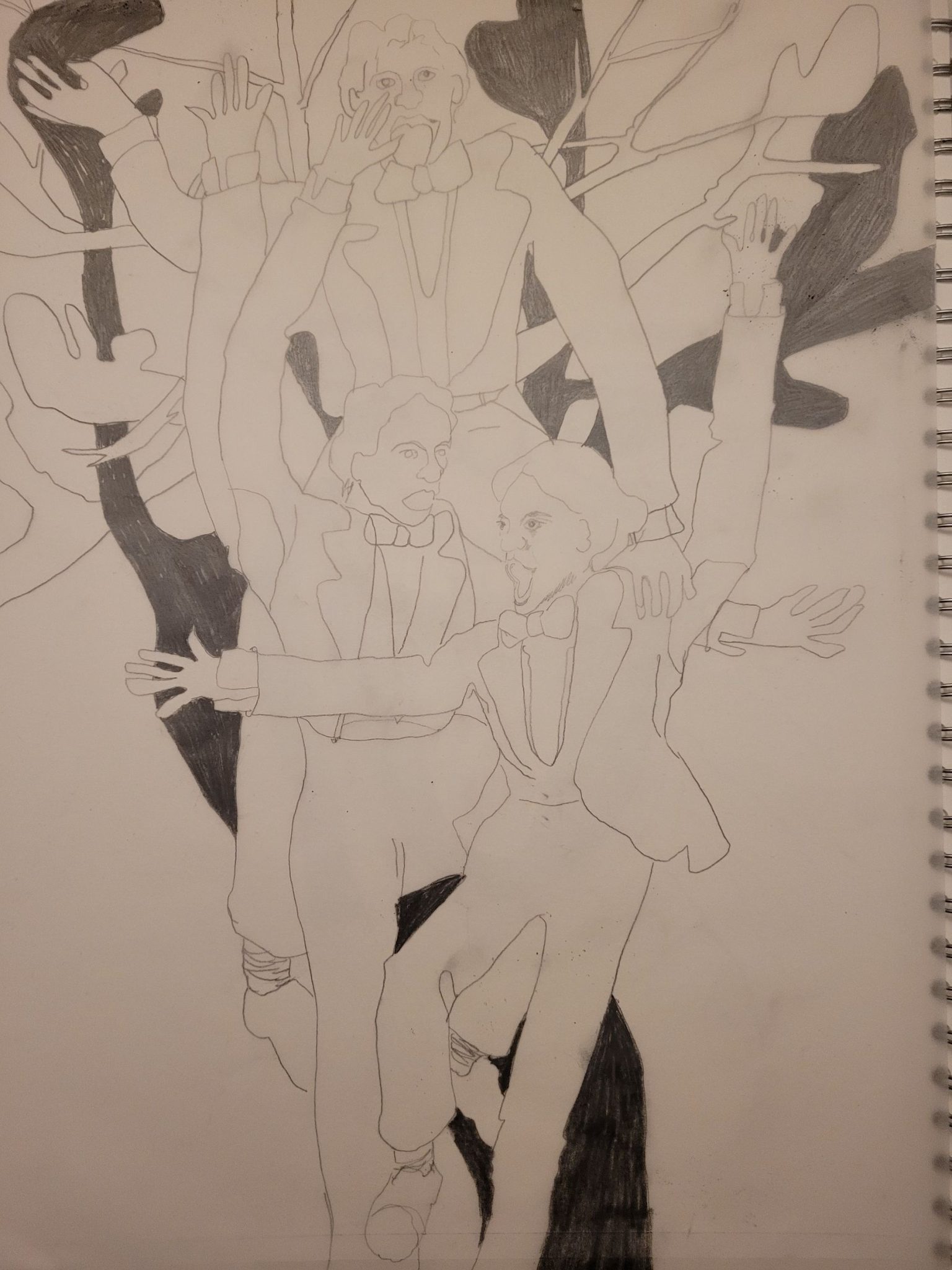 A dreaing of figures in suits in amongst tree branches and horns.