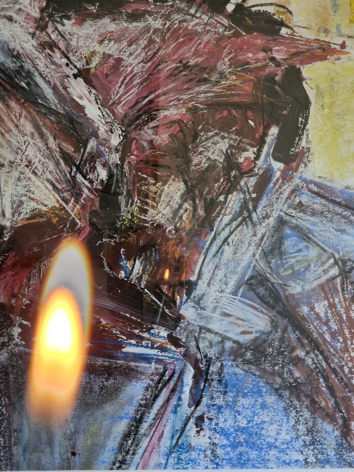 Multi media painting of a horse fighting men with a flame in front