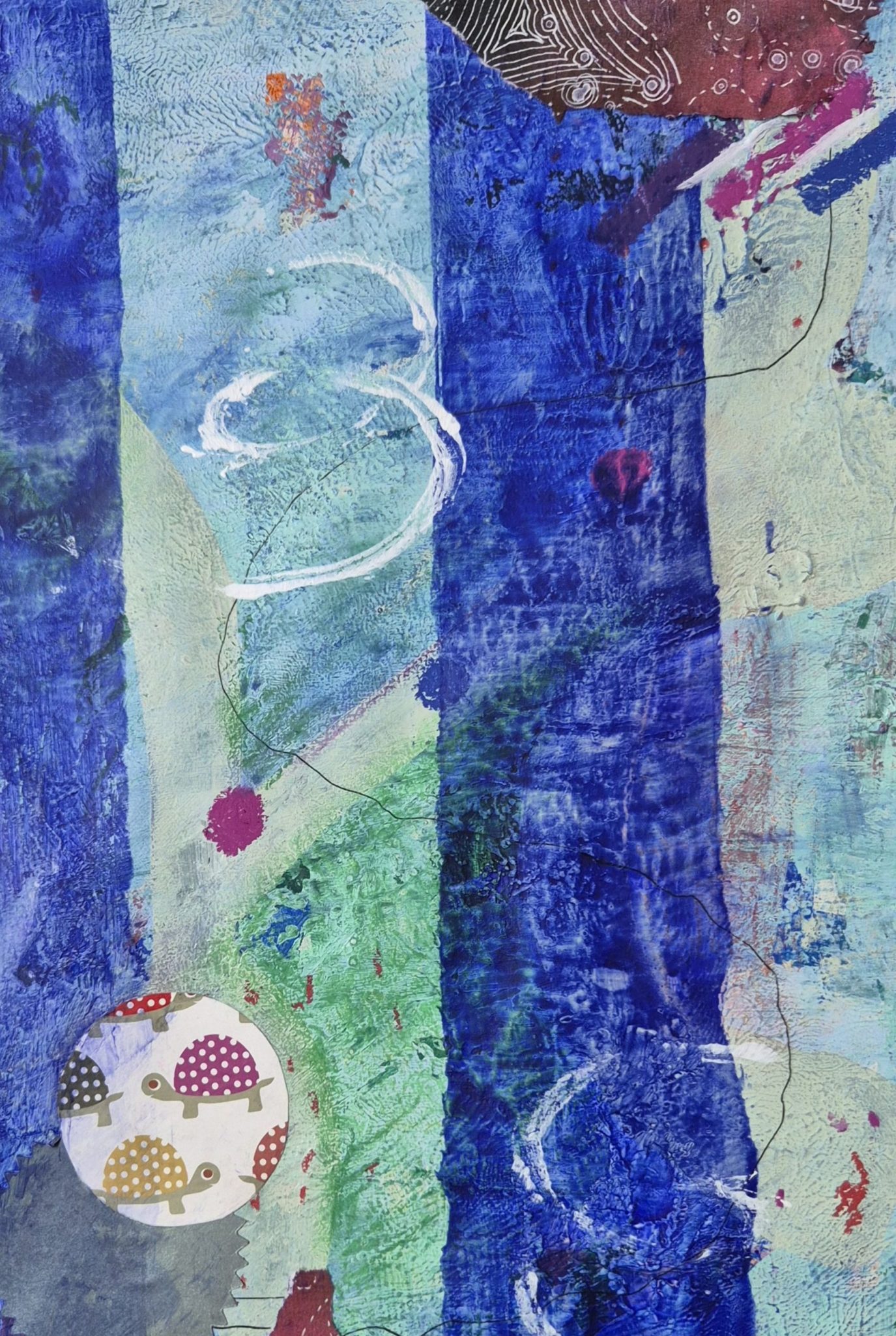 A luminous figure moves between deep cobalt columns, watched by a patterned bird above and grounded by slow earthbound symbols below