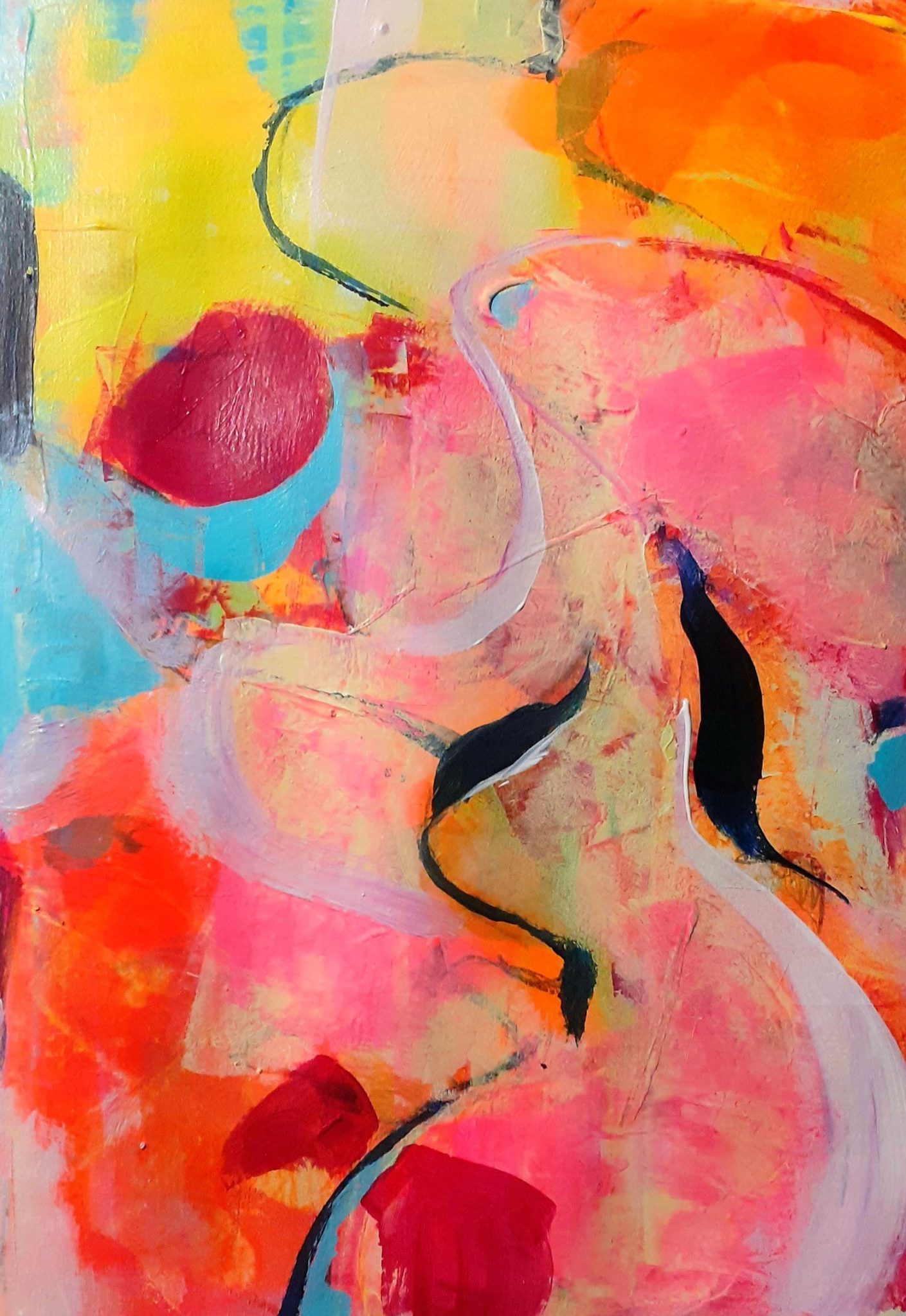 Abstract painting in warm tones with some blues