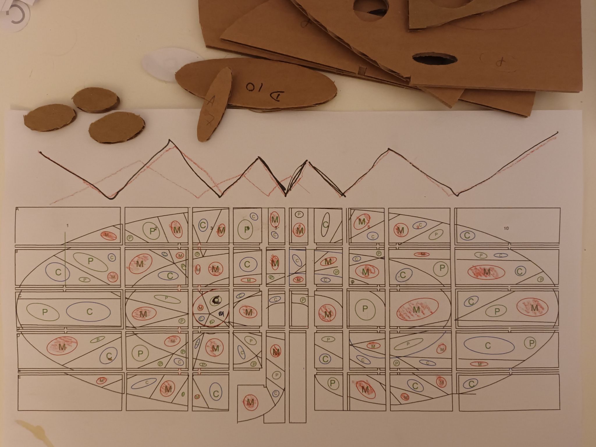 Black and white pattern for sculpture with cut cardboard pieces.