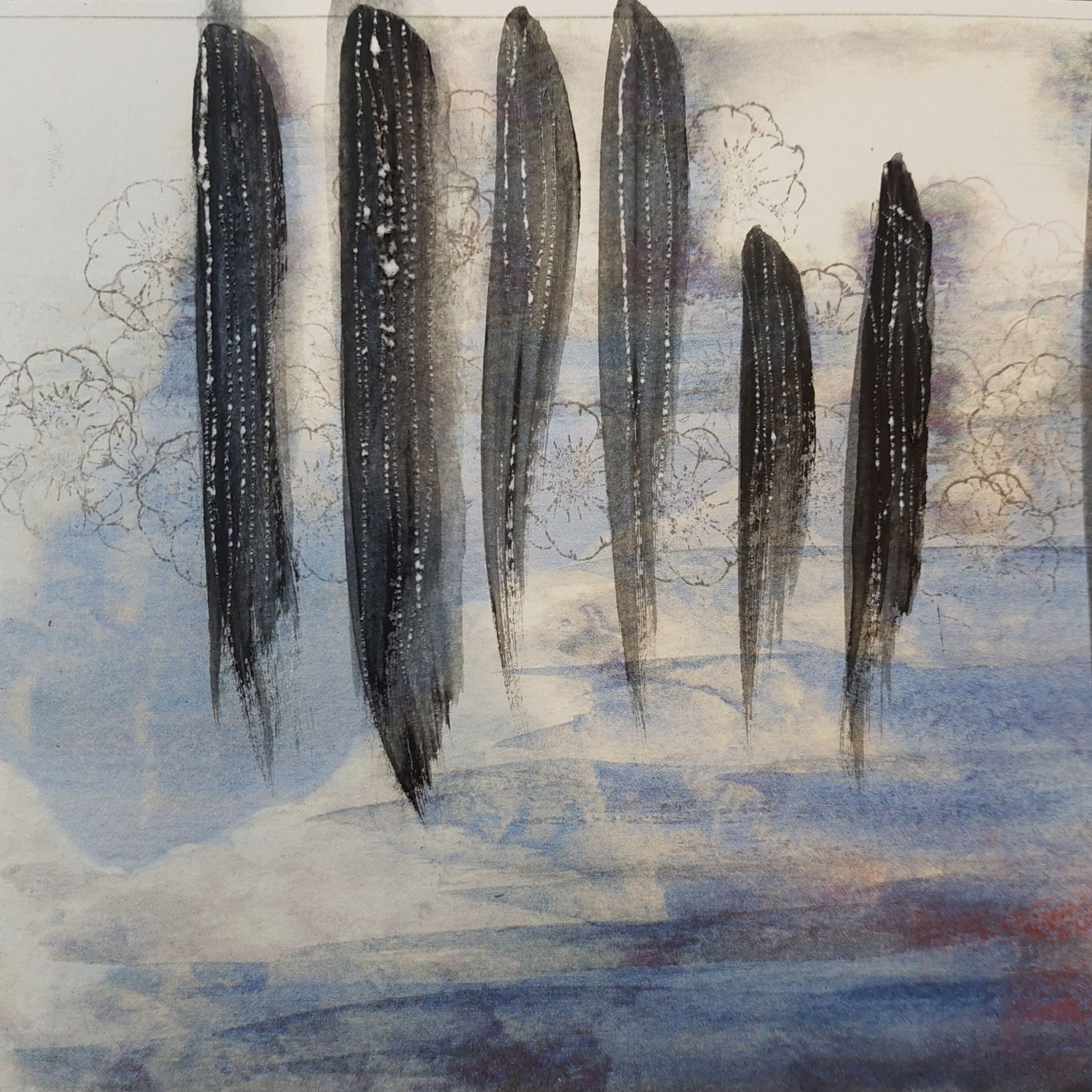 This work structures a delicate, silver-grey floral base layer with bold, vertical gestures. The sgraffito-scratched dark pillars create an organic, alien-like texture that shields the cloudlike delicacy beneath.