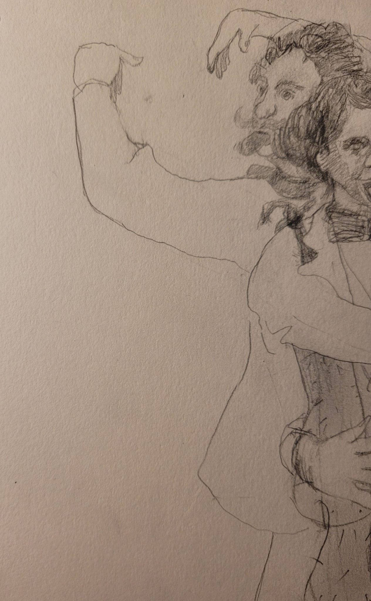 A pencil drawing of three figures. Cropped so only two figures are in view and the third's hand only can be seenthe thir third