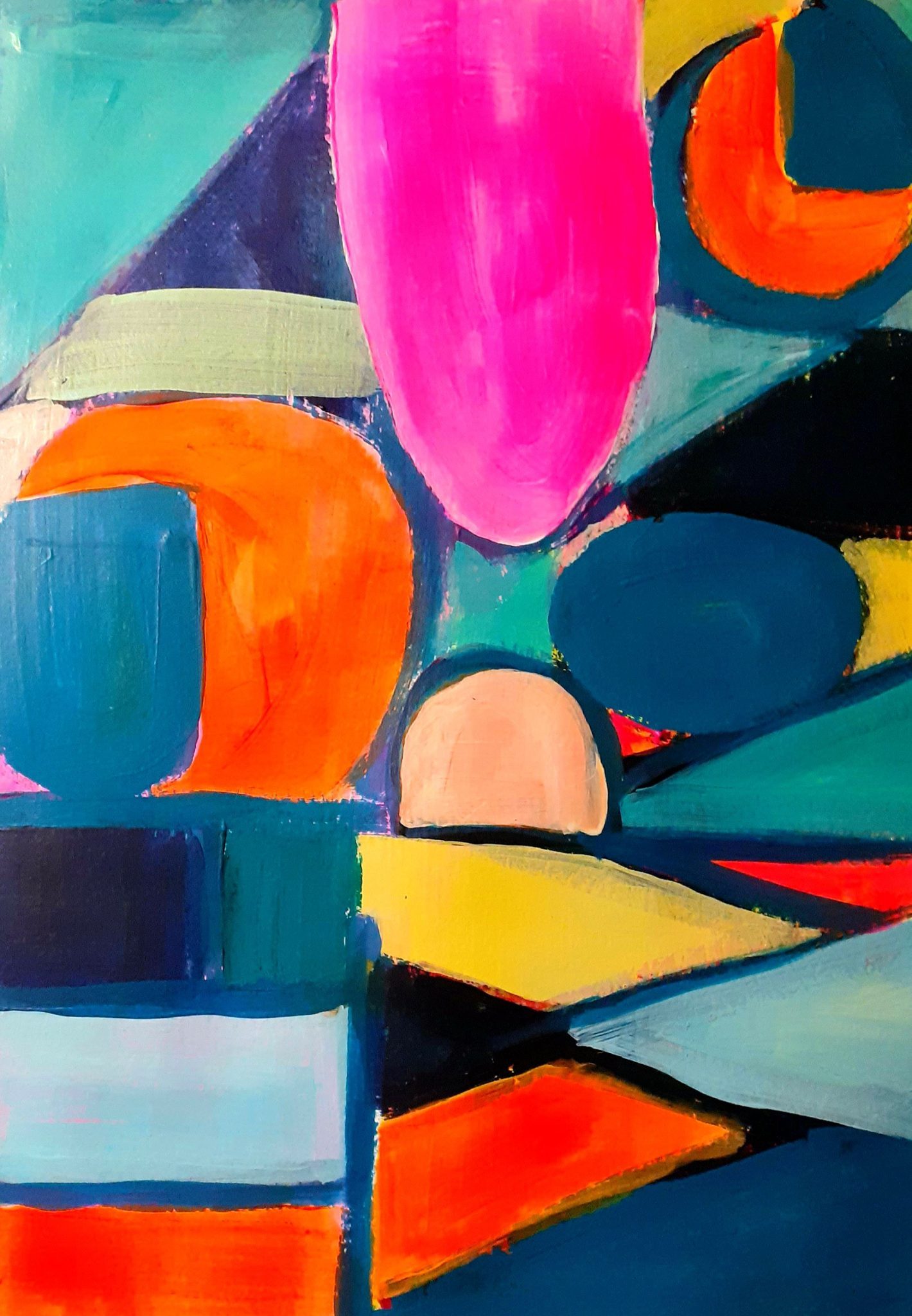 Abstract acrylic painting in bold colours. The word 'RIGHT' covers the left side, the word 'WRONG' the right side