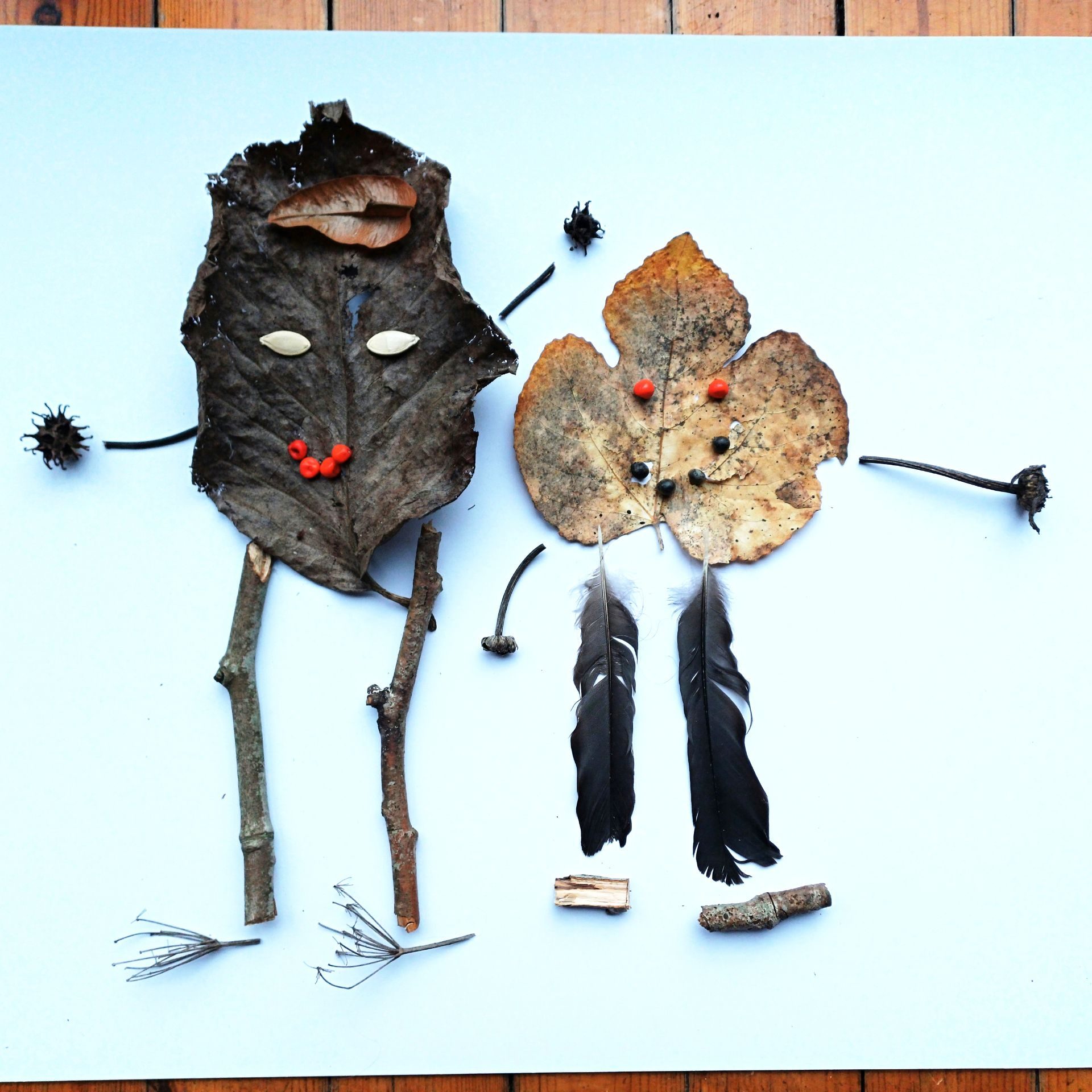 2 people are drawn using garden debris with large leaf heads, seeds, stalks, feathers and twigs and have a cheerful humorous child like quality.