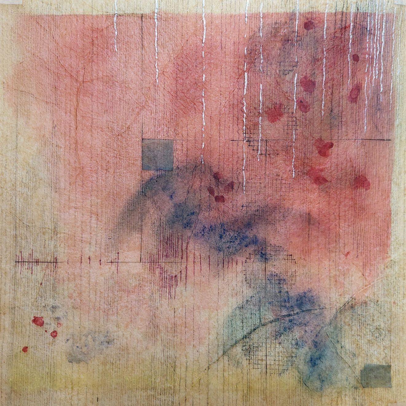 Vertical silver mica drips act as fractures of light, providing a sharp contrast to the organic base. An iron-oxide washe provide a visceral warmth that suggests blood or heat spreading beneath.