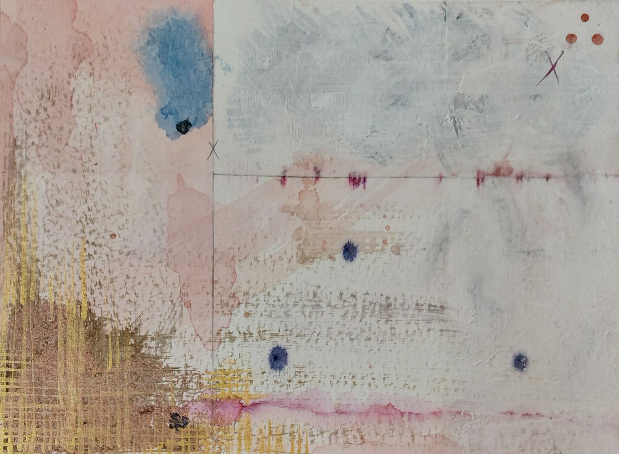 While acknowledging the underlying bruising, a suturing process of rhythmic mark-making and masking grafts the surface back together.