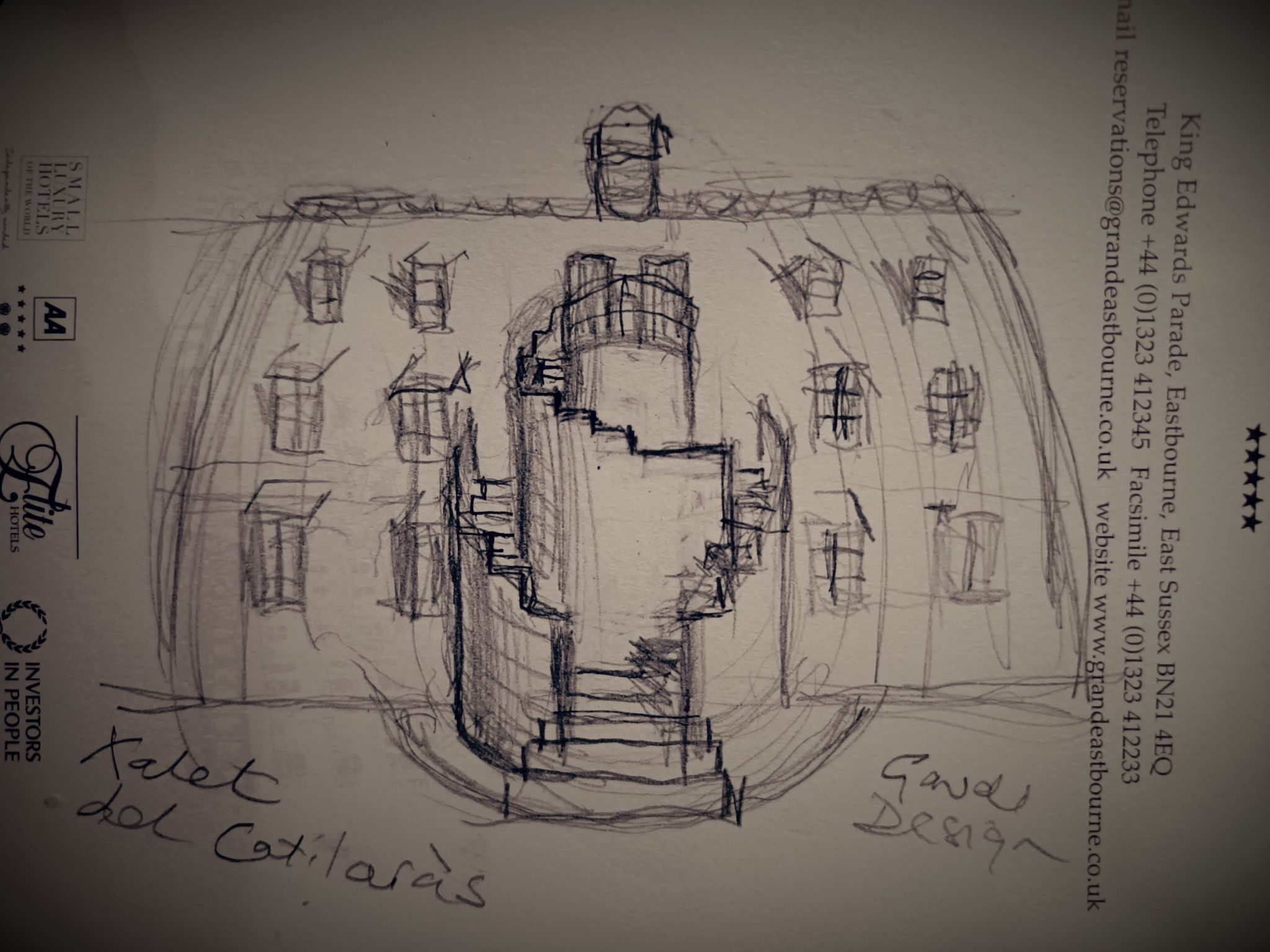 Pencil sketch of arklike building with central spiral staircase