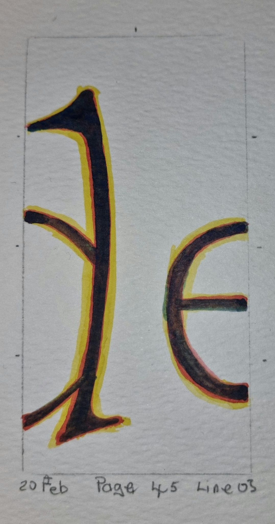 Watercolour on paper. A painting of the letters 