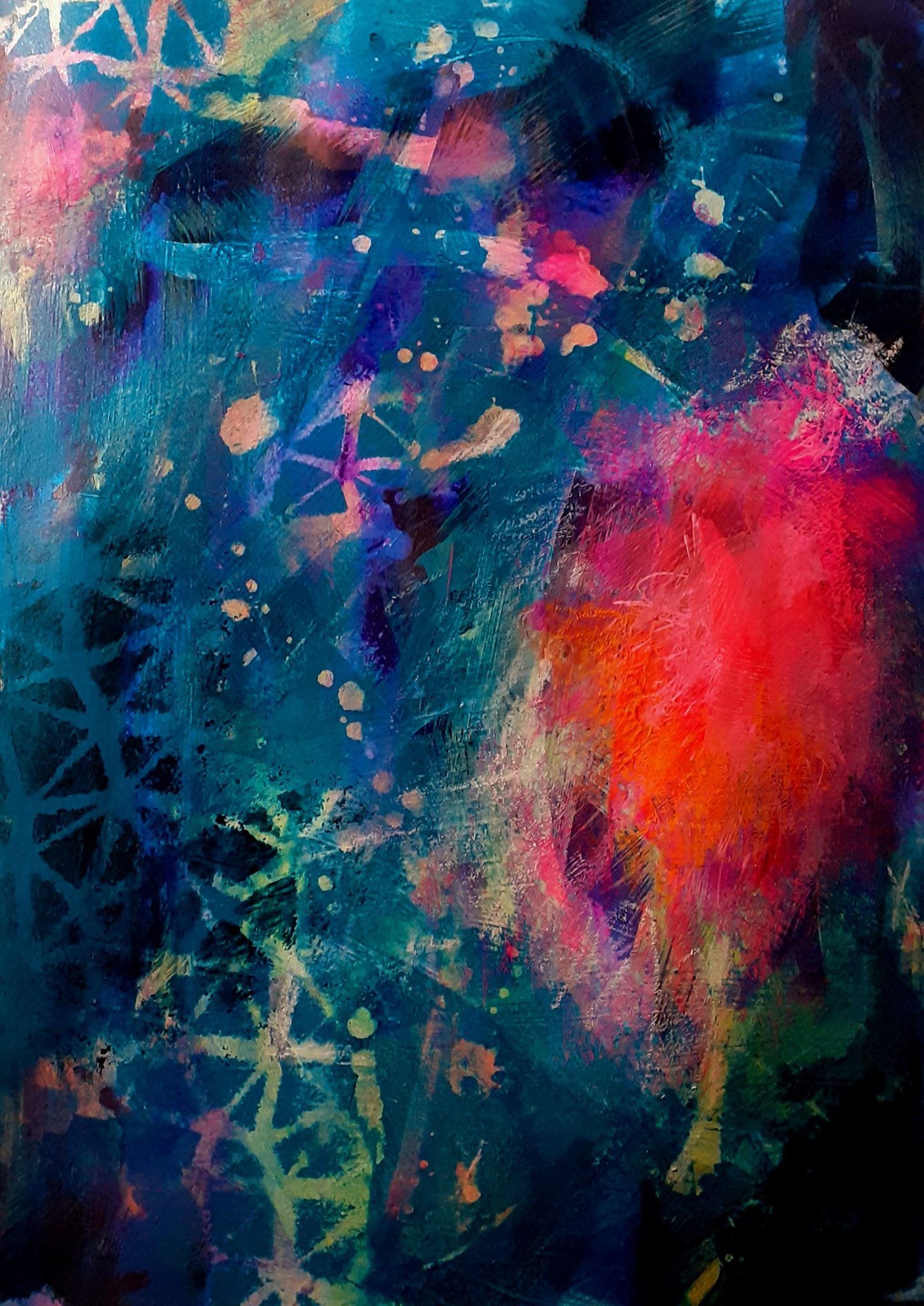 Abstract acrylic painting in dark blues and violets with a burst of bright pink