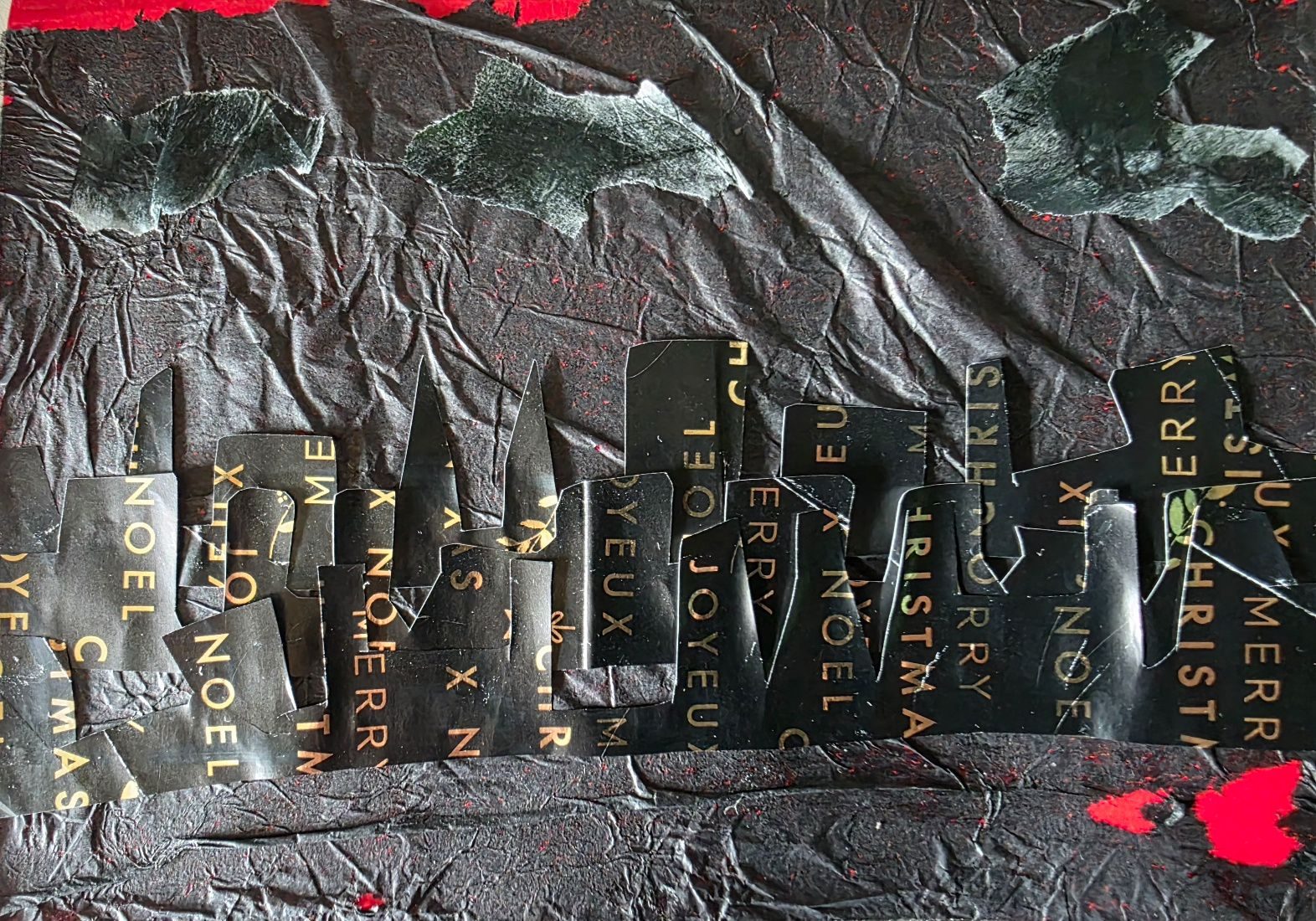 Black background with shing bkack buildings. Dark clouds in the sky and gold on the black buildings