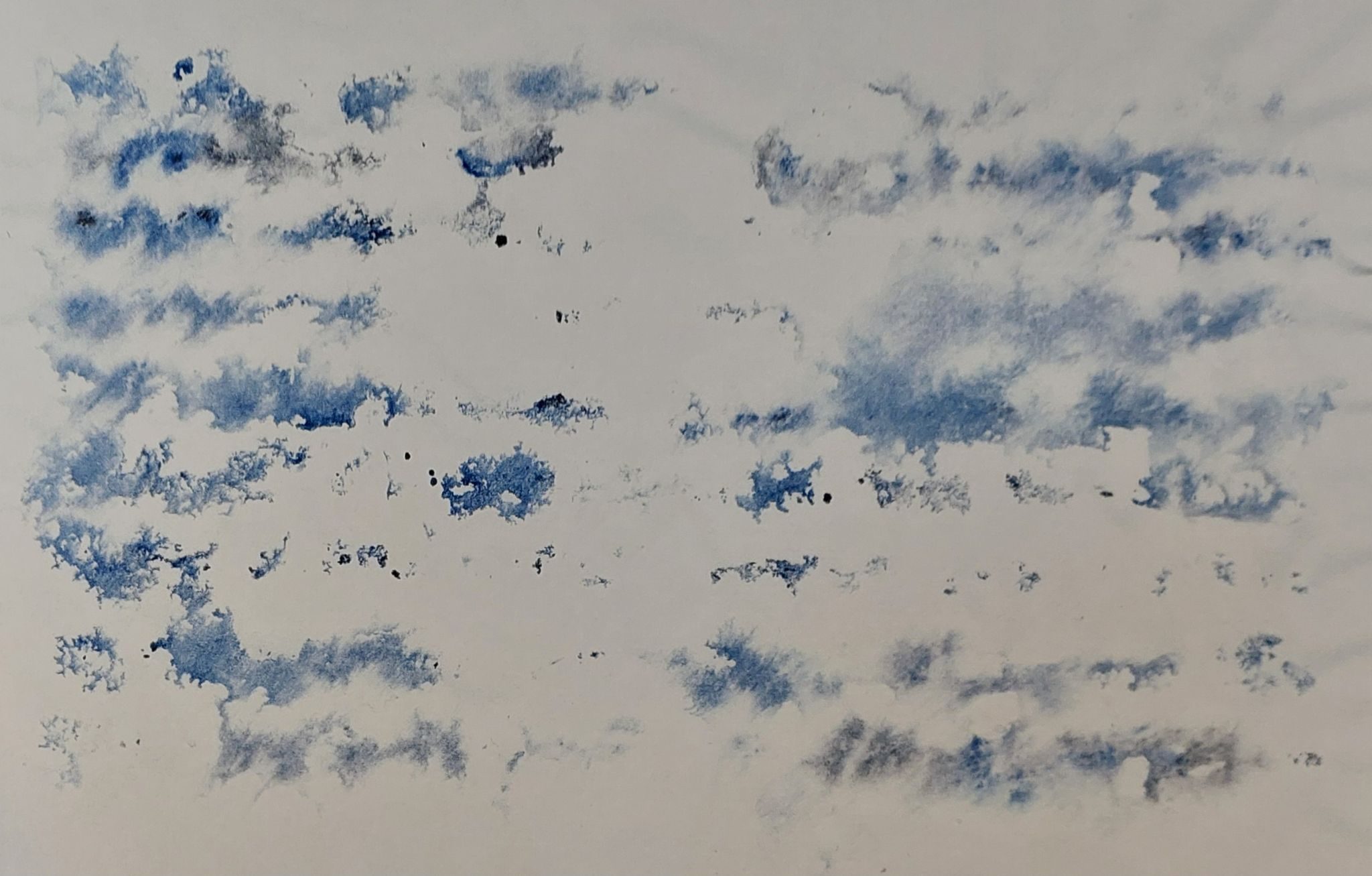 Soft, feathered edges of indigo paint mirror internal bruising. Lines mist across the paper and fade in and out, allowing for breaks in structure that mimics the healing process.