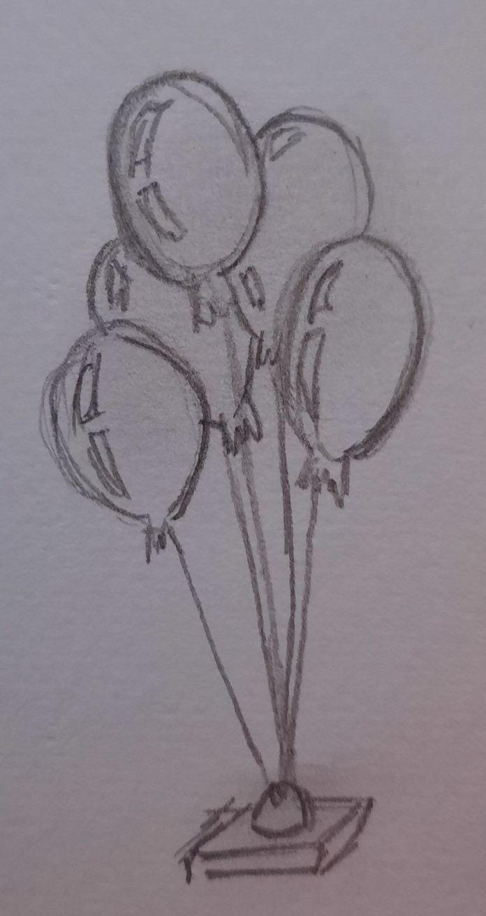 Pencil drawing of a bunch of 5 balloons floating in the air, their strings secured to a hook on the ground.