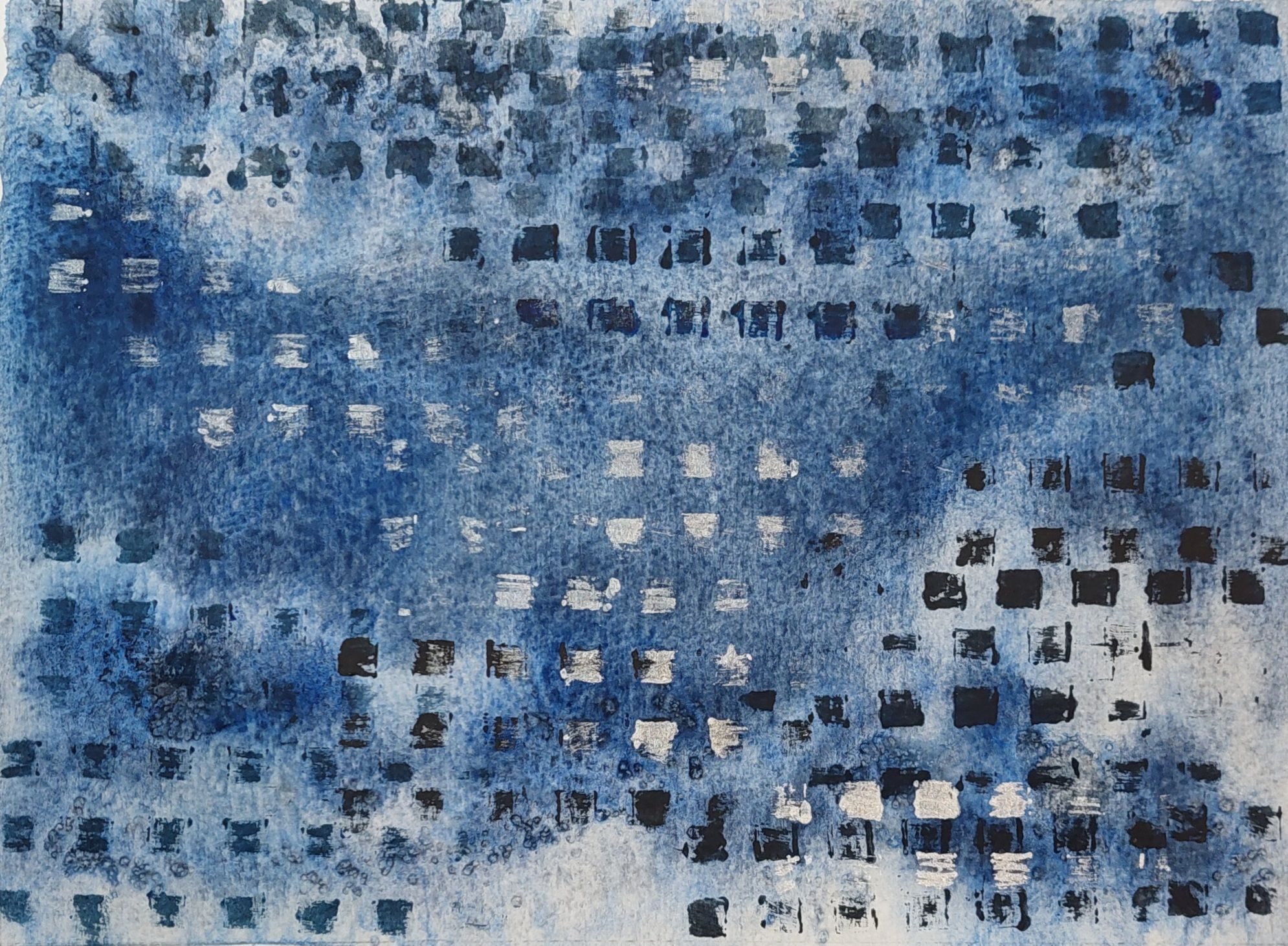 The layering of indigo washes creates a sense of infinite depth. The intervention of the grid acts as a measure of space, where each square serves as a portal into a shifting, parallel world.