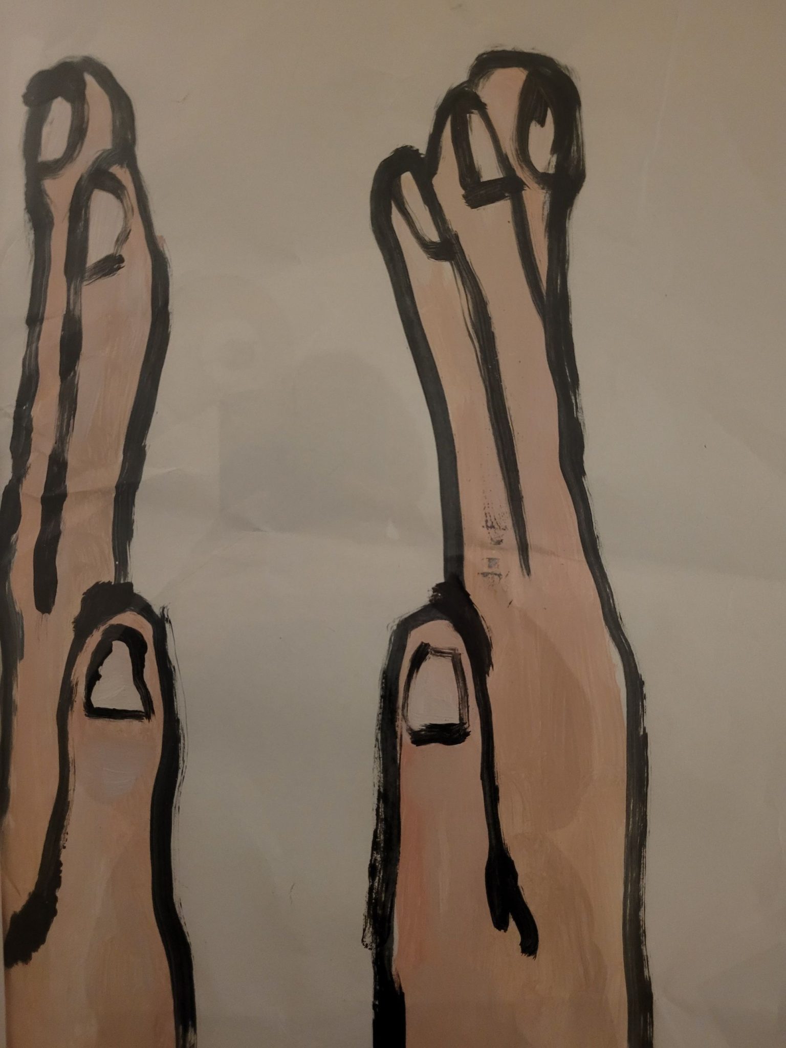 A painting or pale pink hands outlined with black line praying or grateful.