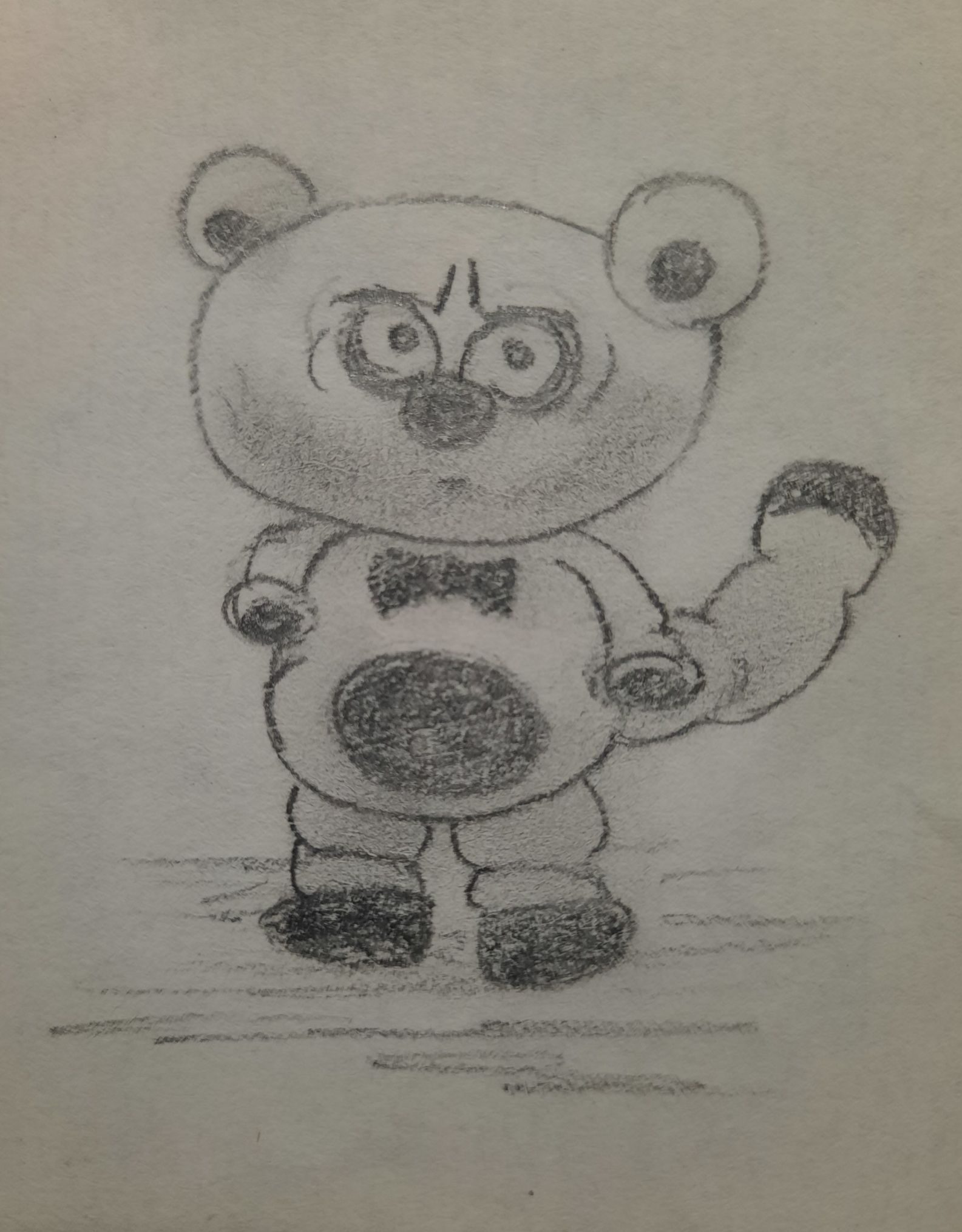 Pencil drawing of a very round, chubby bear like character who has a somewhat annoyed expression.