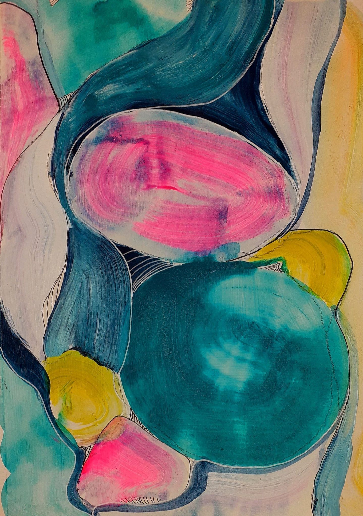 Abstract painting of organic flowing forms and lines