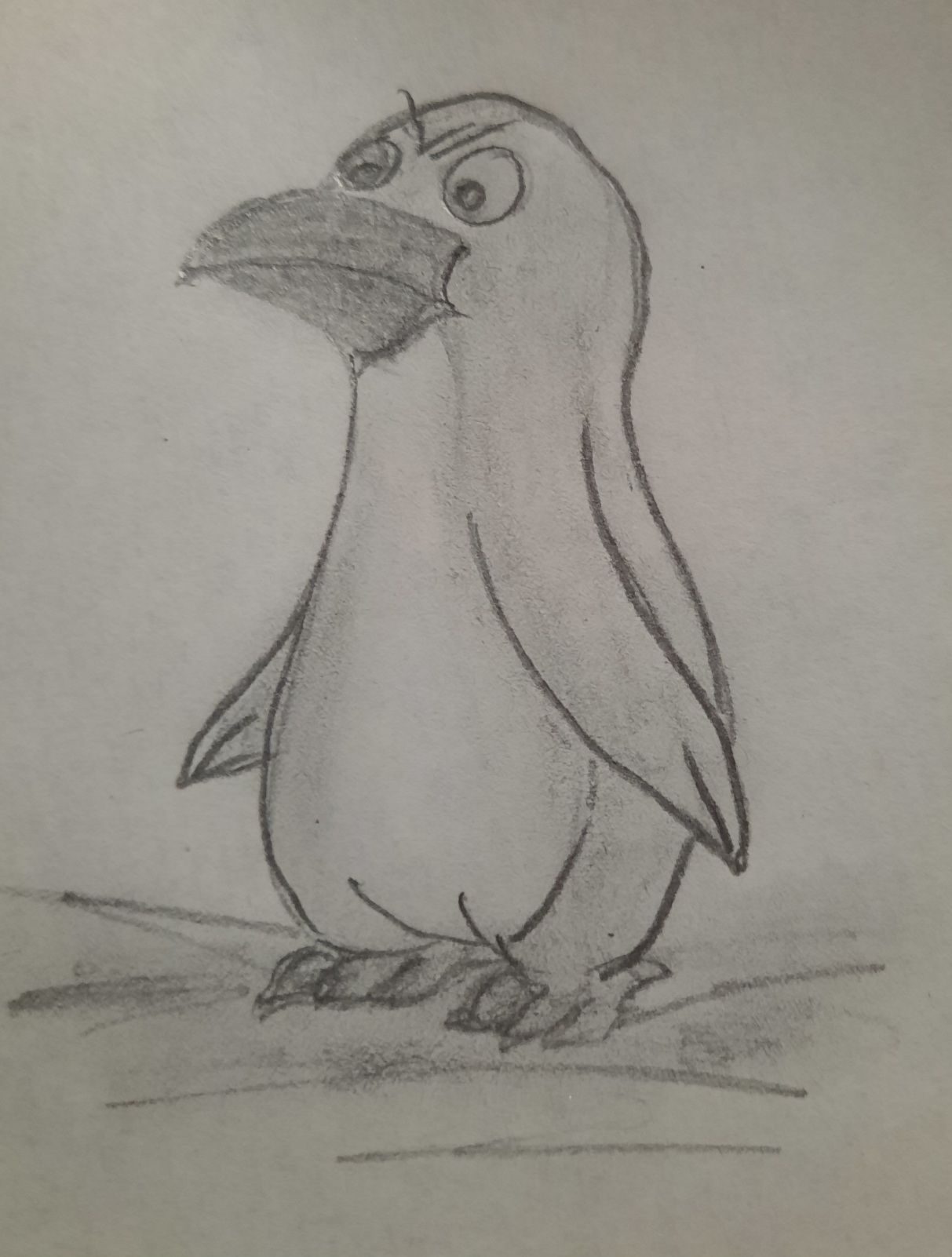 Pencil drawing of a lone penguin, with a somewhat annoyed expression.