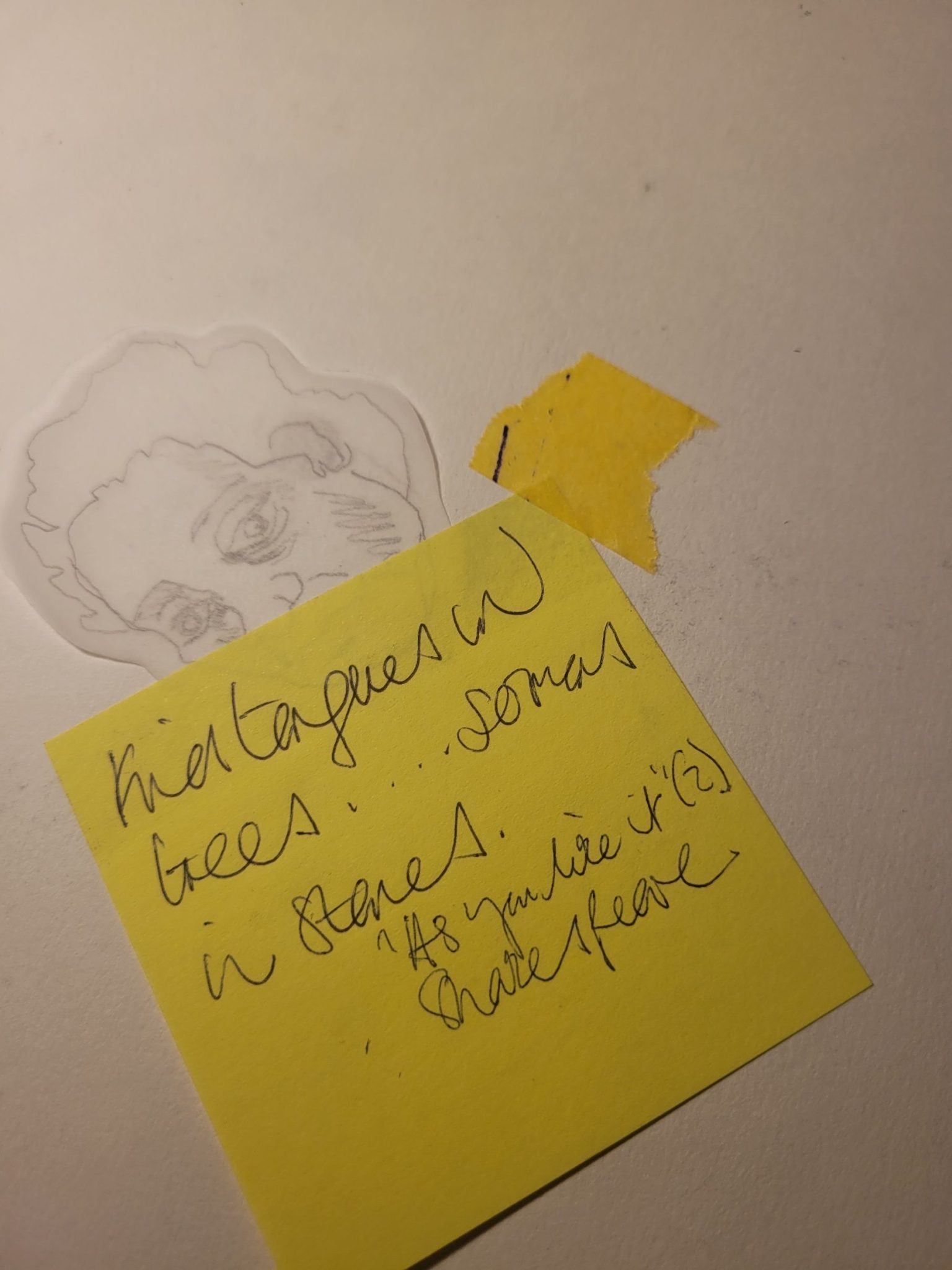 A photograph of a traced drawing of a head half hidden behind a yellow post-it note, upon which is written a quote from a Shakespeare play.. 'find tongues in trees, and sermons in rocks'.