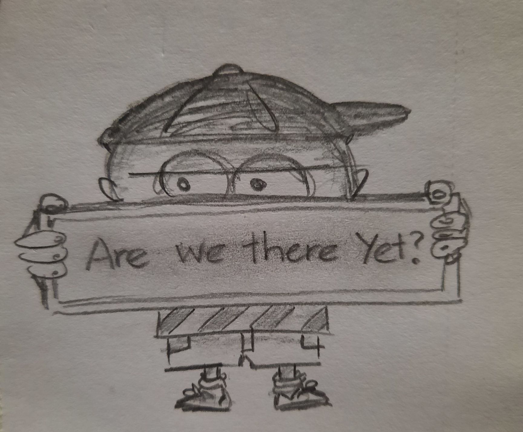 Pencil drawing of a very short young boy, his face hiding behind the long sign that he holds, which reads, 