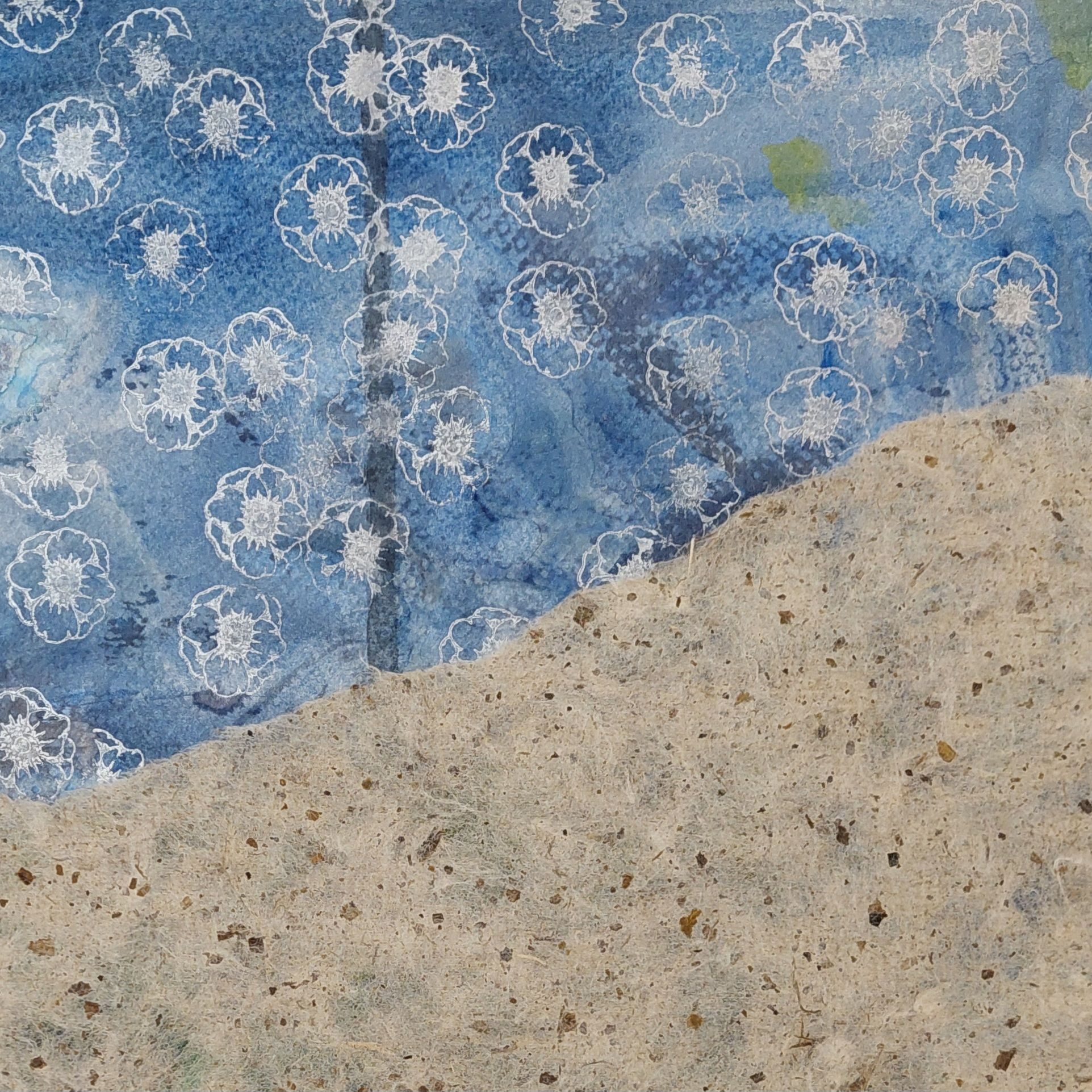 Masking of the lower third acts as a corrective graft, calming the overwhelm of a previously busy composition. This creates a clean rhythmic break, allowing the delicate white floral linework to breathe.