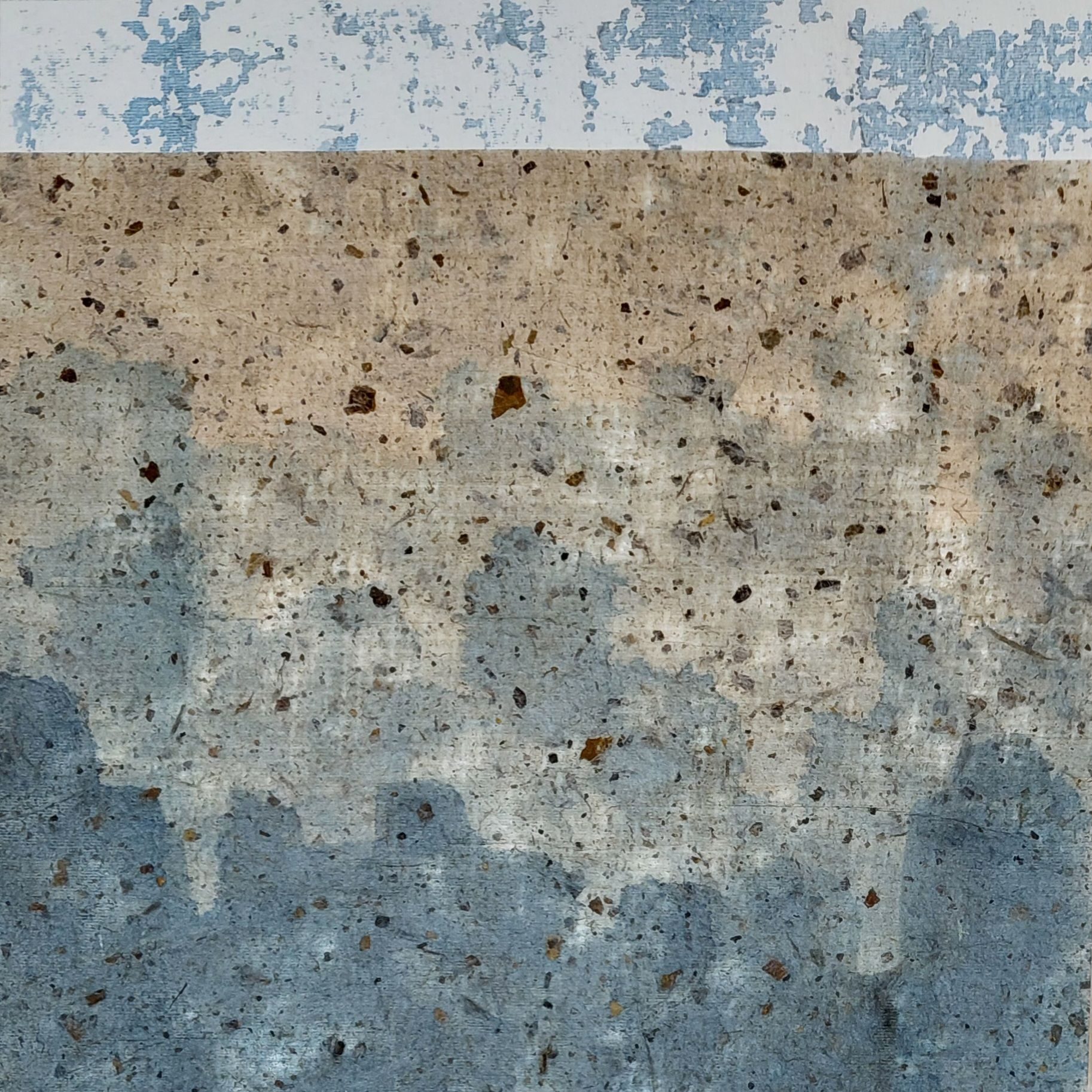 The movement from the light, airy top band to the heavy, textured blue at the lowest edge creates the sense of a landscape of skin or stone. Horizonal banding masks or reveals, providing a balance that draws the separate elements together.