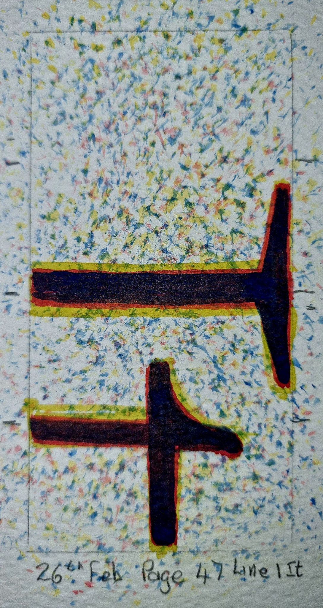 Watercolour on paper, 2 by 1 proportion, portrait. A painting of parts of the letters 