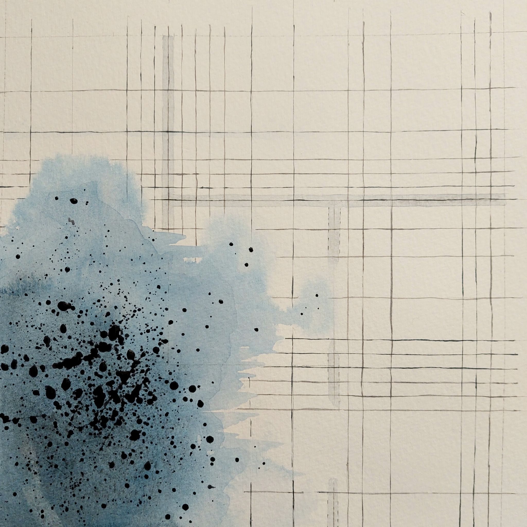 Examining the tension and contrast between a fluid stain and a clinical, measured grid. Without an implied hierarchy, each one restrains the other creating the mapping of an emotional event.