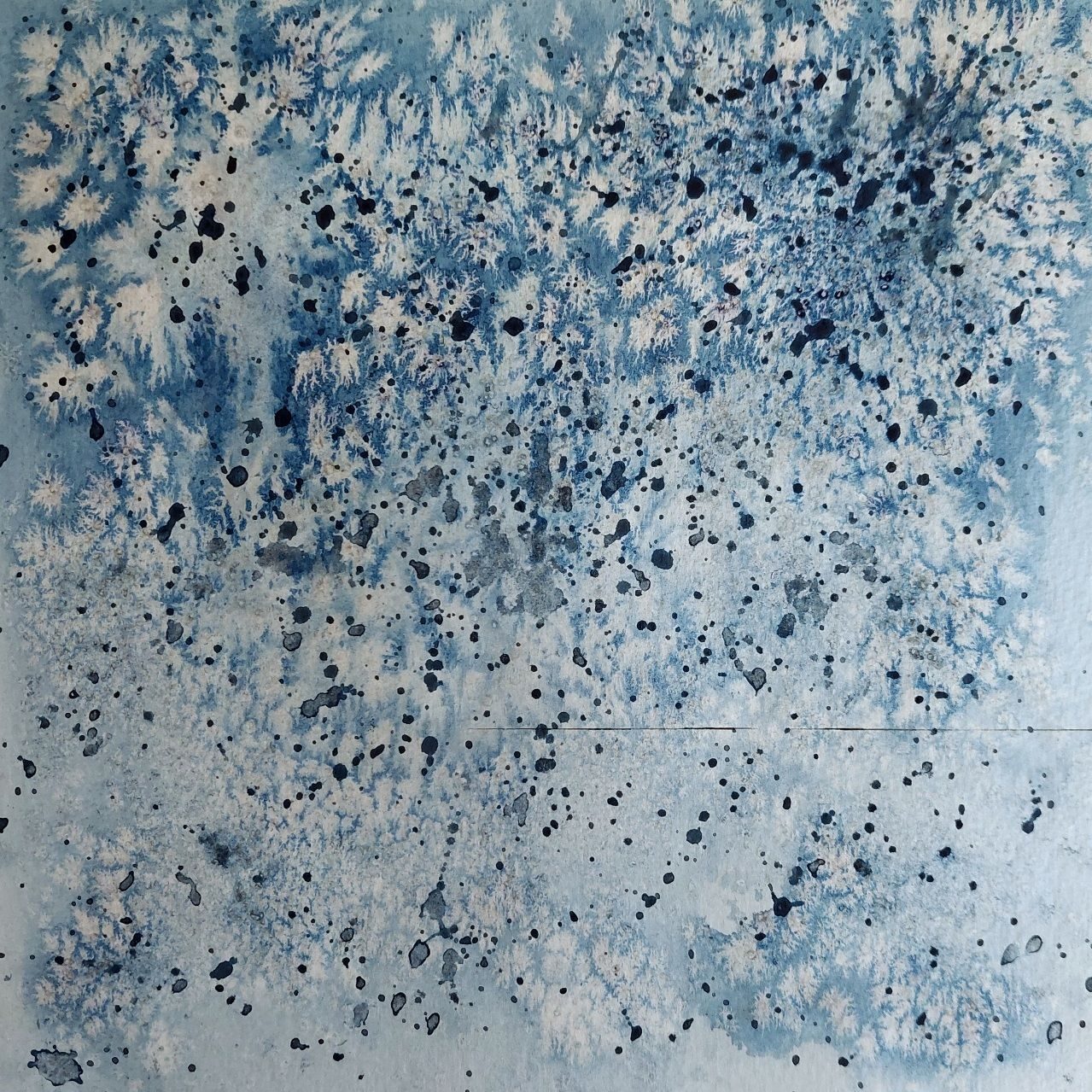 Tapping into pure atmospheric energy by means of a study in movement and texture. Cystallization marks and deep splatters create a sense of something internal coming to the surface. A faint horizontal line gently tethers the organic movement.