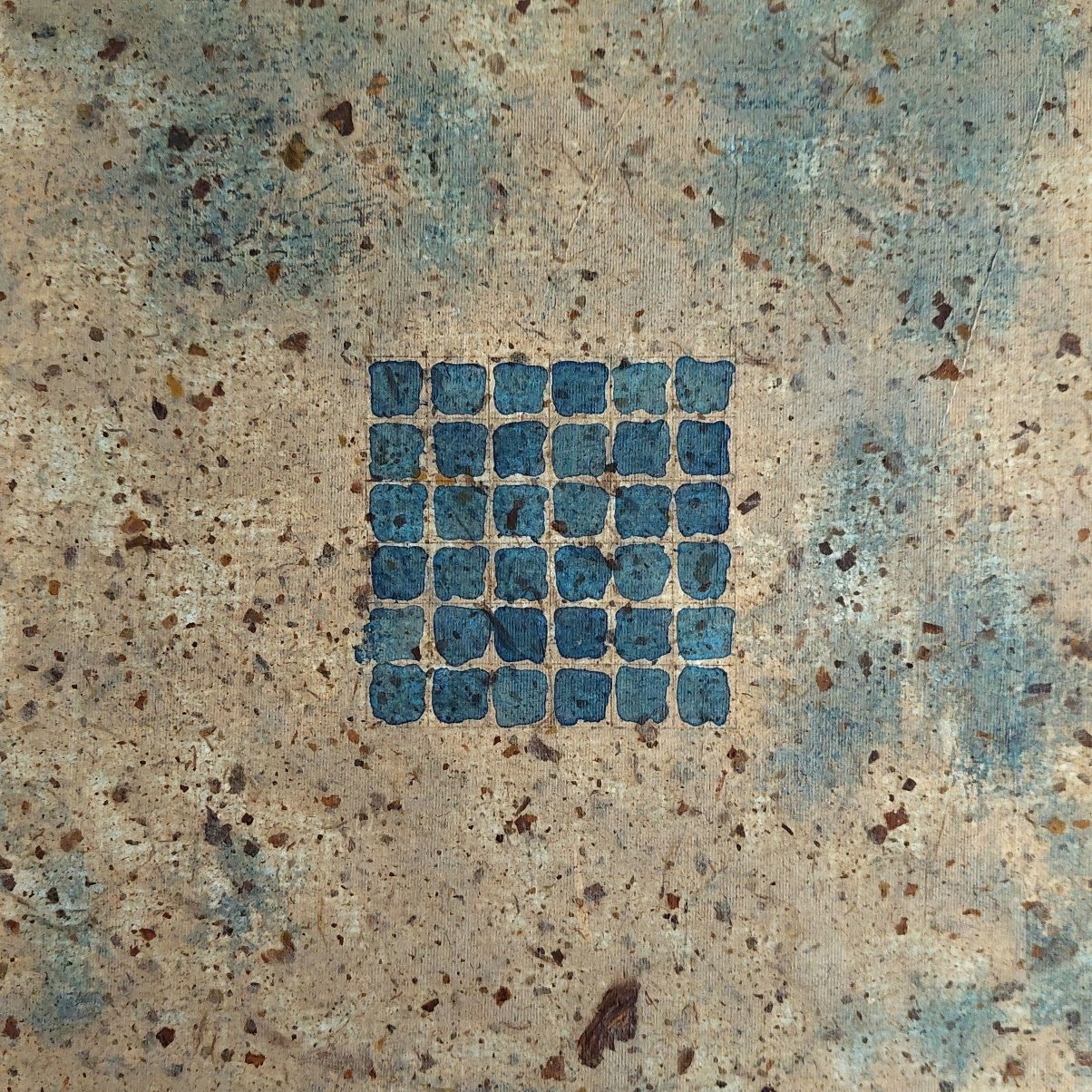 Rhythmic mark-making inside a small, contained square creates a focal threshold. The surrounding texture has a faded quality that makes the strong blue marks seem to float above the surface.