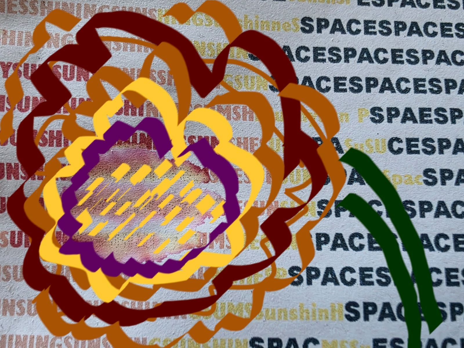 A crudely drawn flower with petals in yellow, purple, red and orange with a dark green stalk with a background made up of the word space.