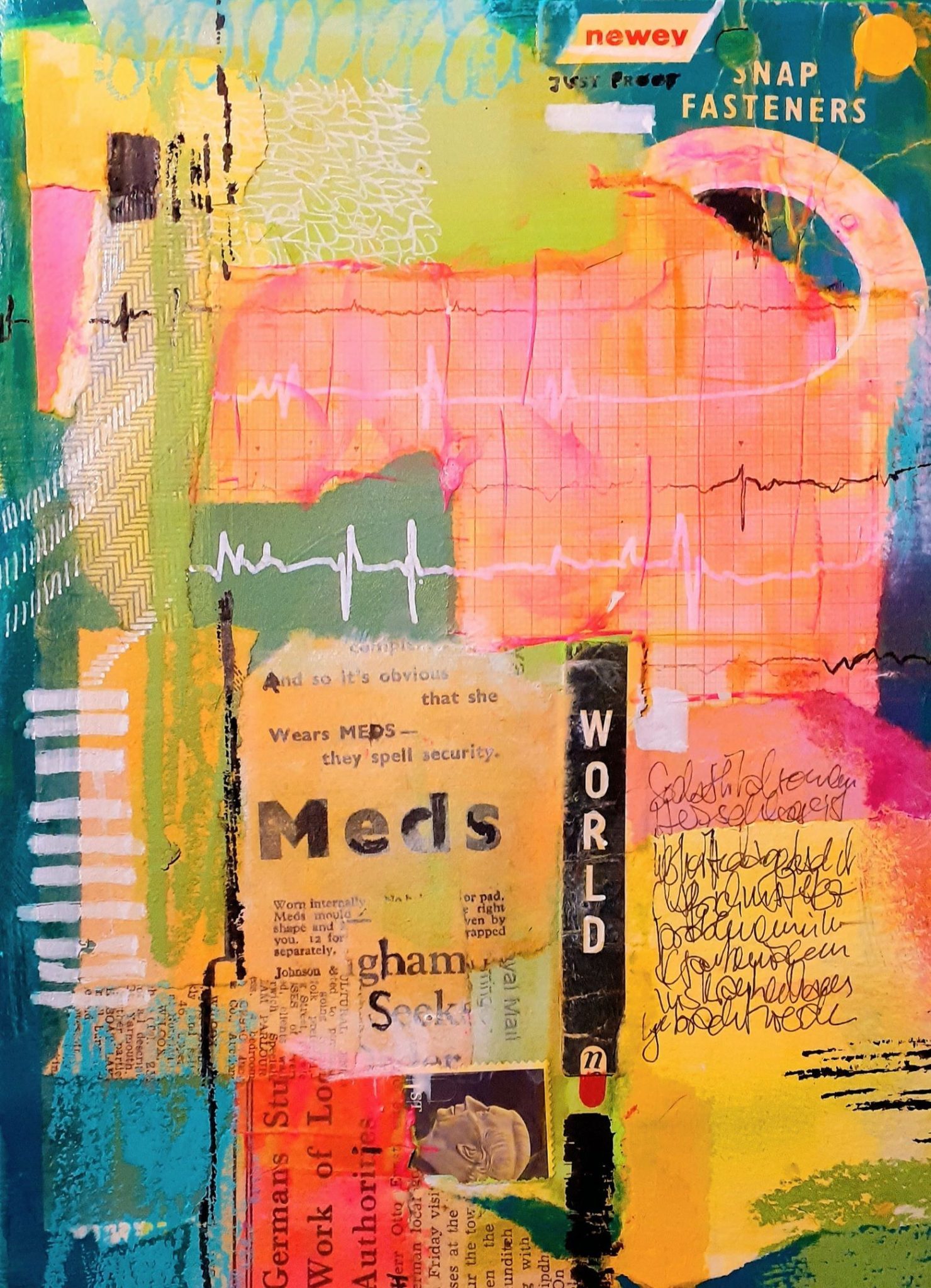 Mixed media work of collage, paint and dry media in rainbowish colours